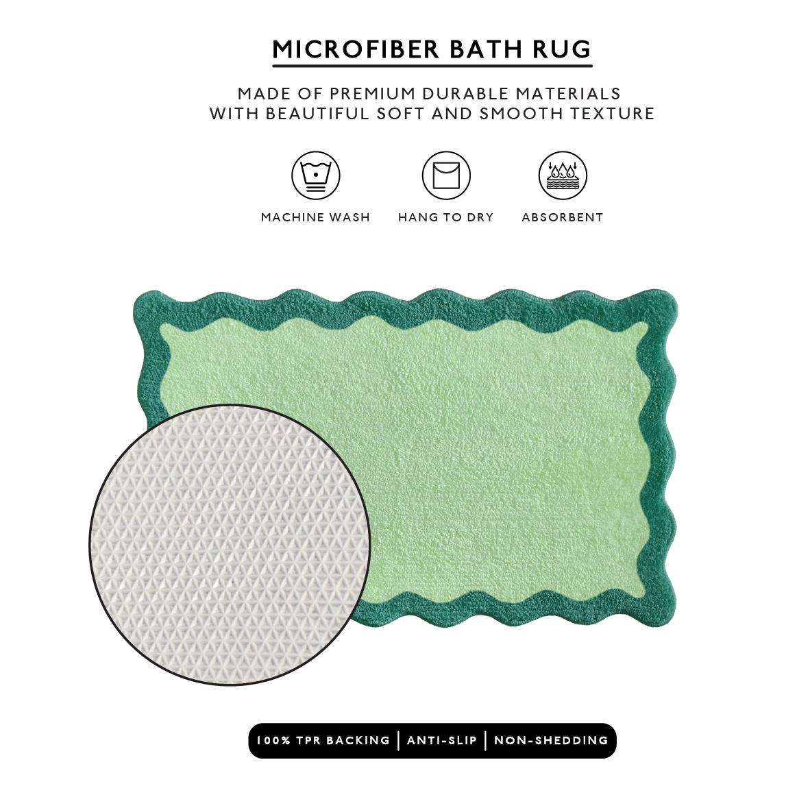 Green microfiber bath rug with text on a white background