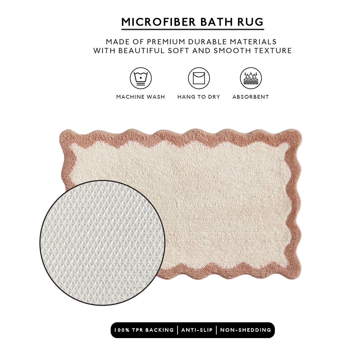 Microfiber bath rug with texture detail and features on a white background