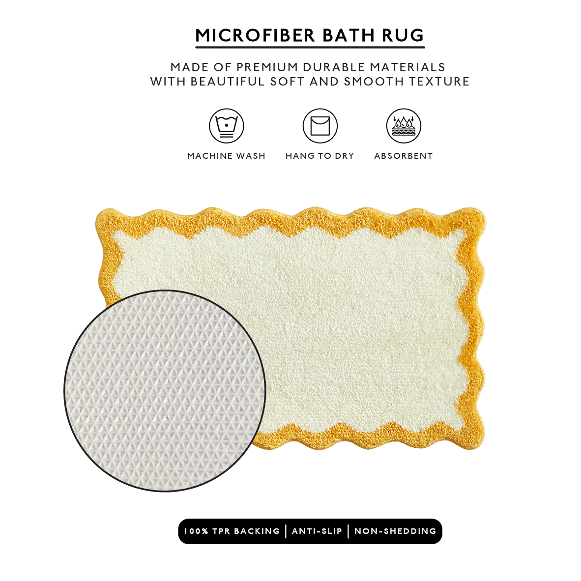 Microfiber bath rug with yellow border on a white background, featuring text and icons about the product.