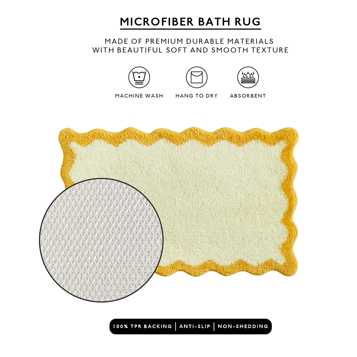 Microfiber bath rug with yellow border on a white background, featuring text about material and care.