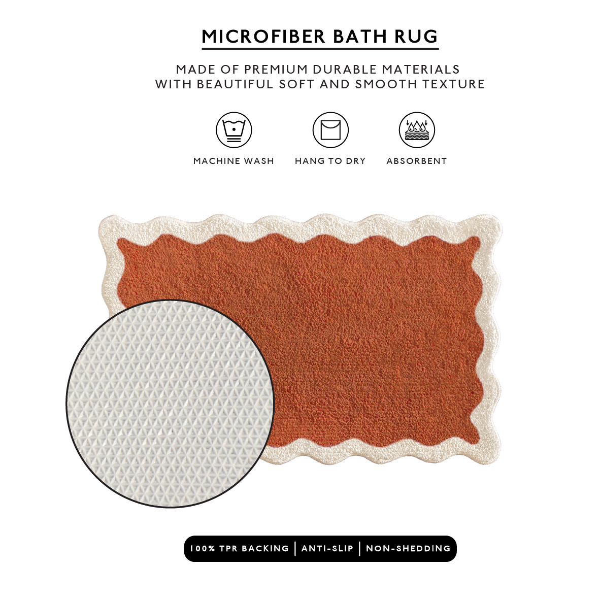 Microfiber bath rug with texture details and product features on a white background