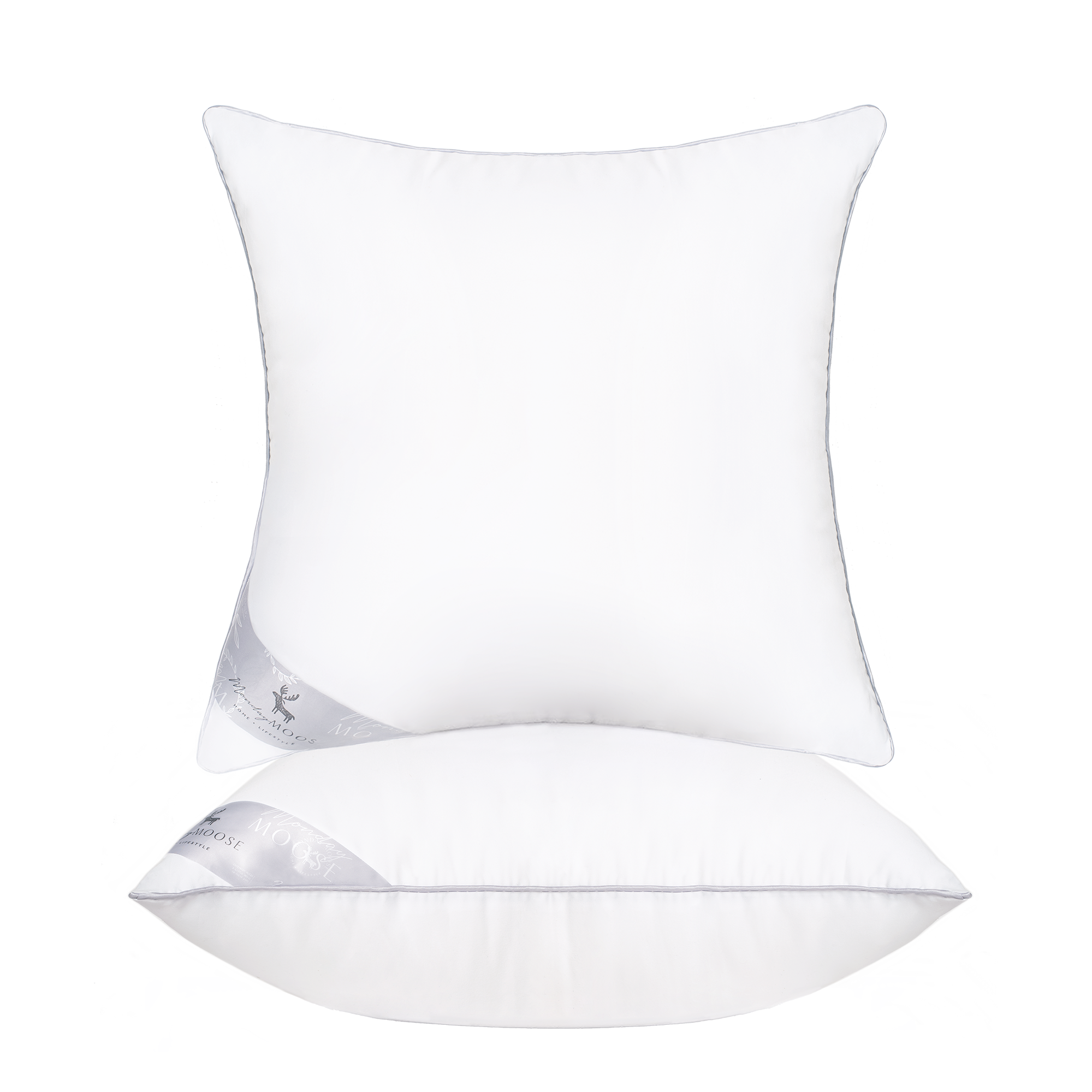 Two white pillows with a brand logo on a white background