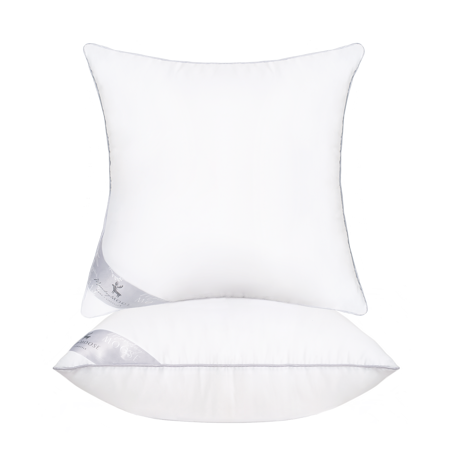 Two white pillows with a brand logo on a white background
