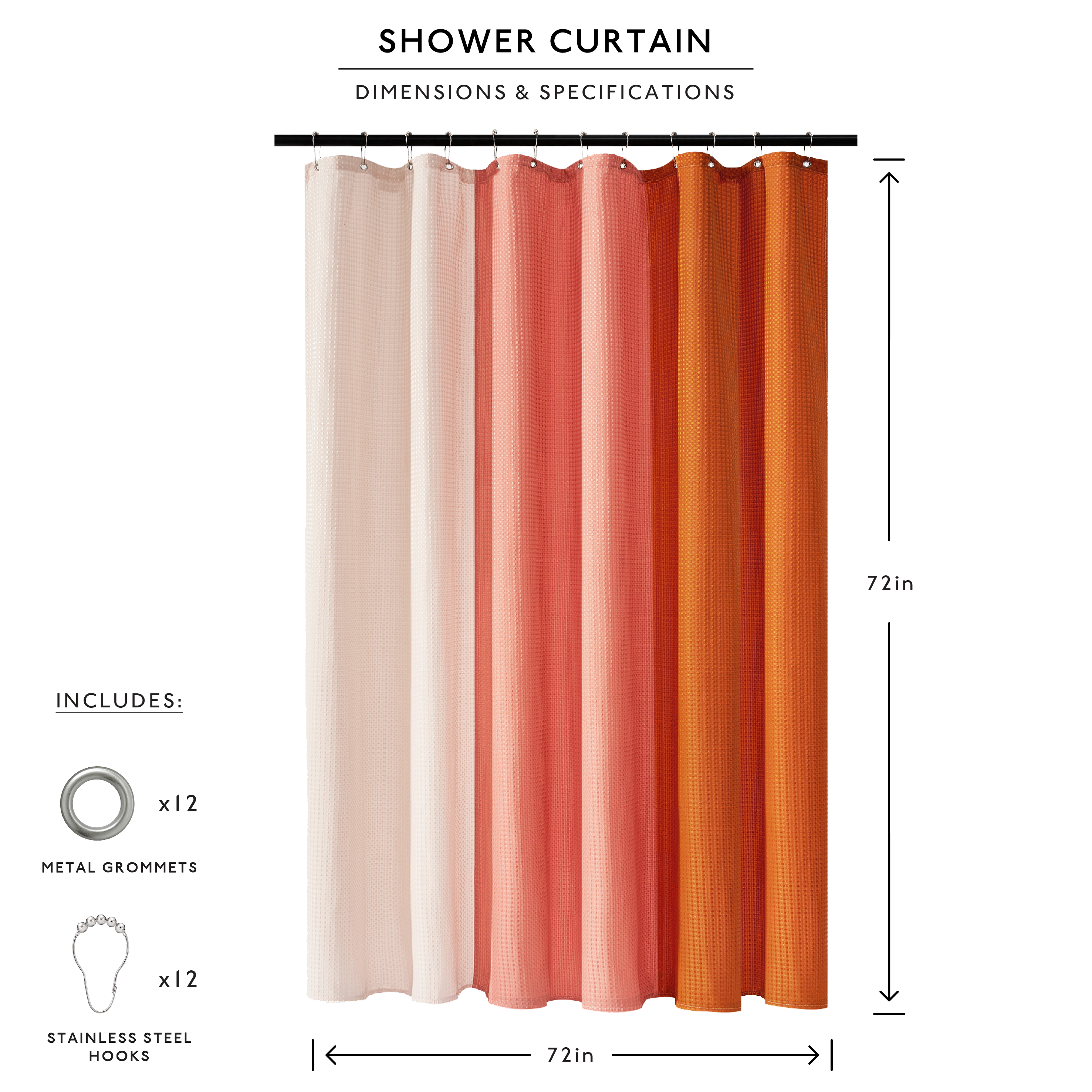 Shower curtain with color swatch and dimensions on a white background