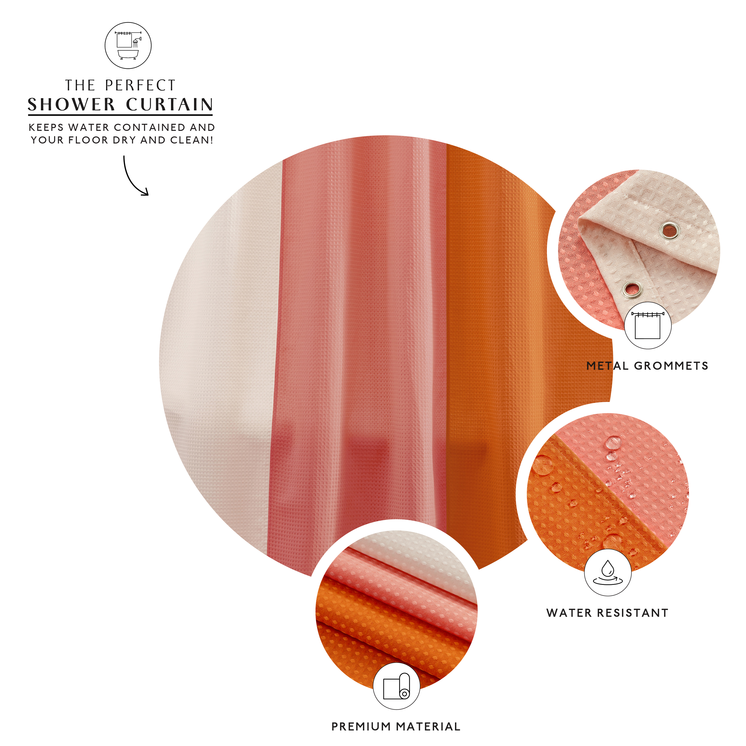 Shower curtain with features highlighted on a white background