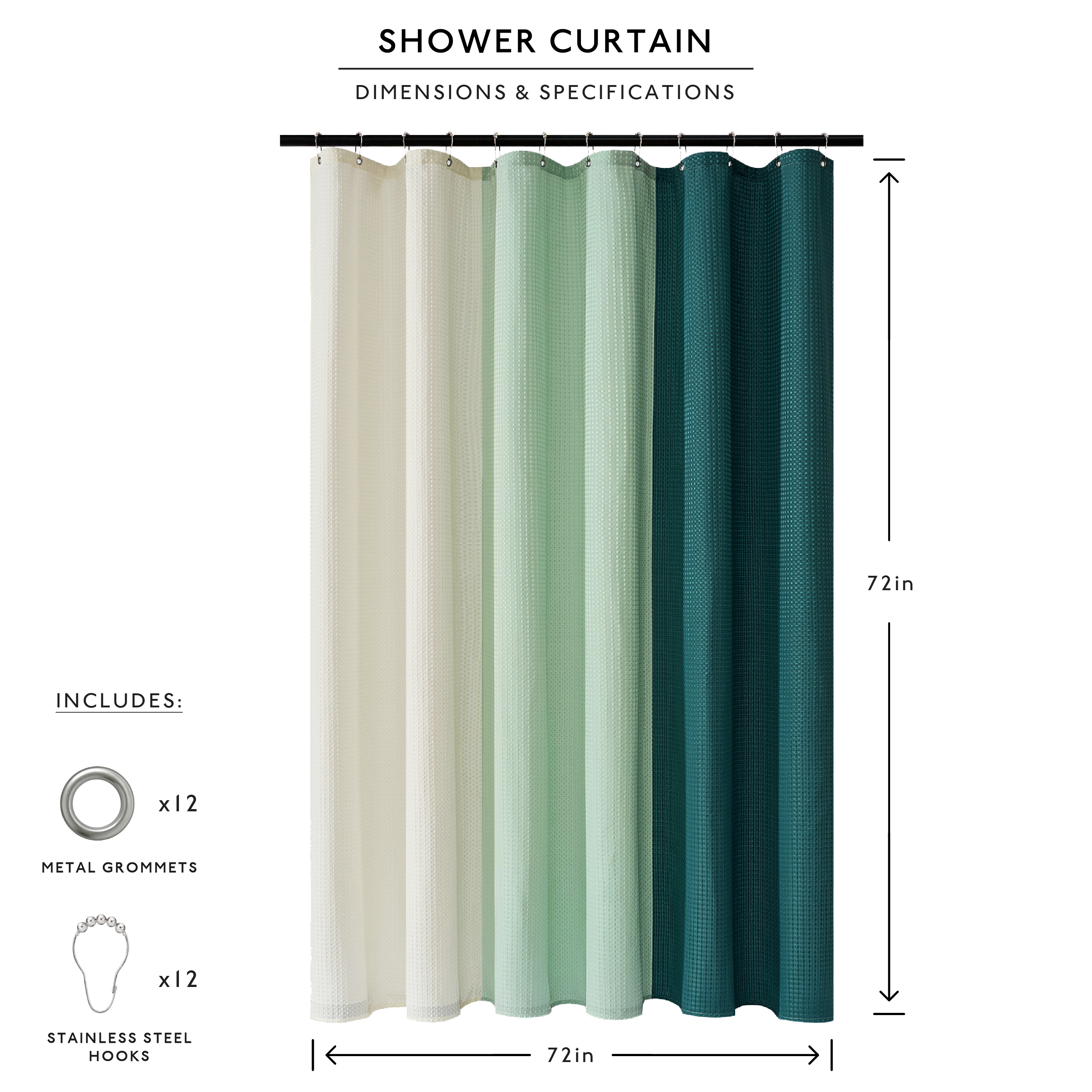 Shower curtain with dimensions and specifications on a white background