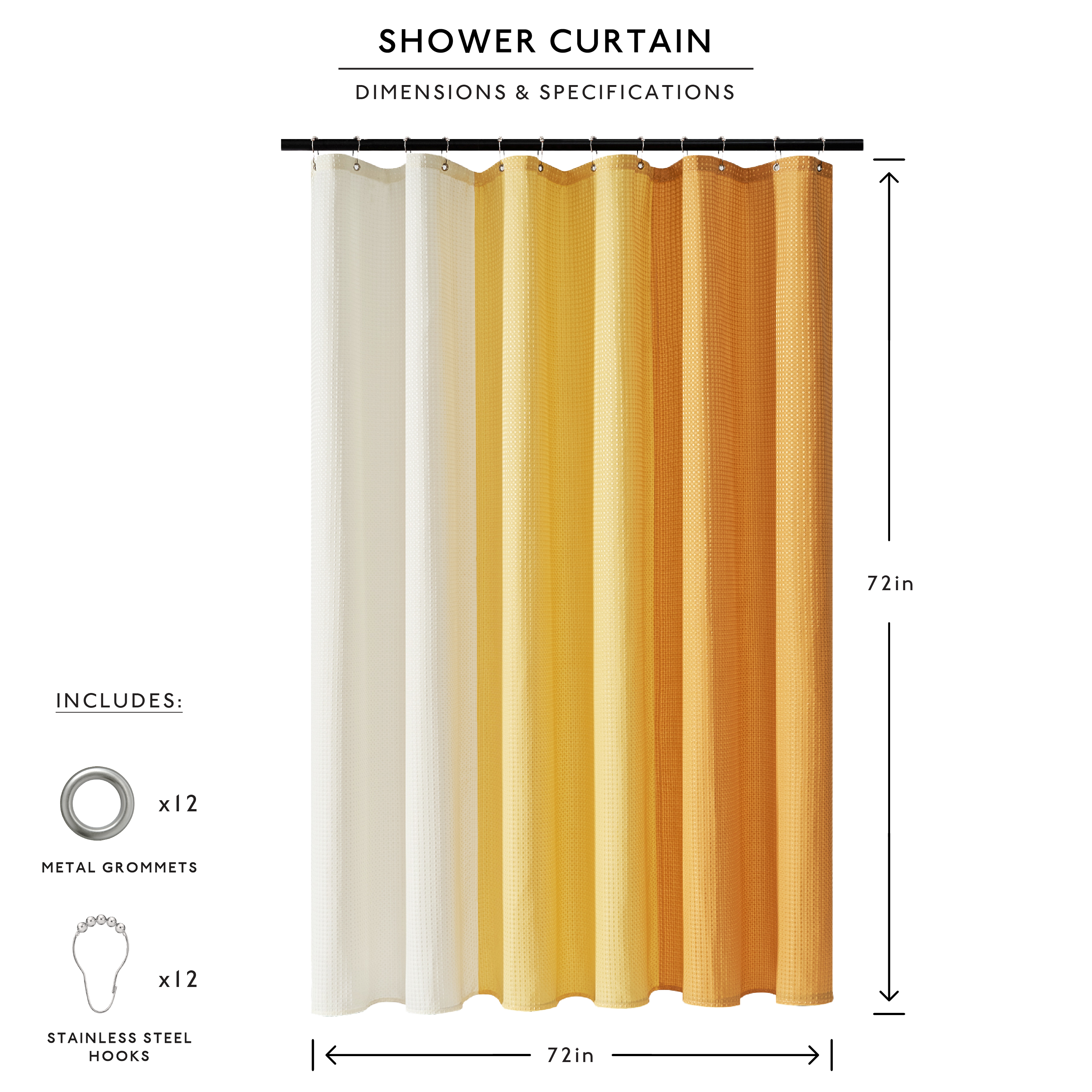 Shower curtain with dimensions and specifications on a white background