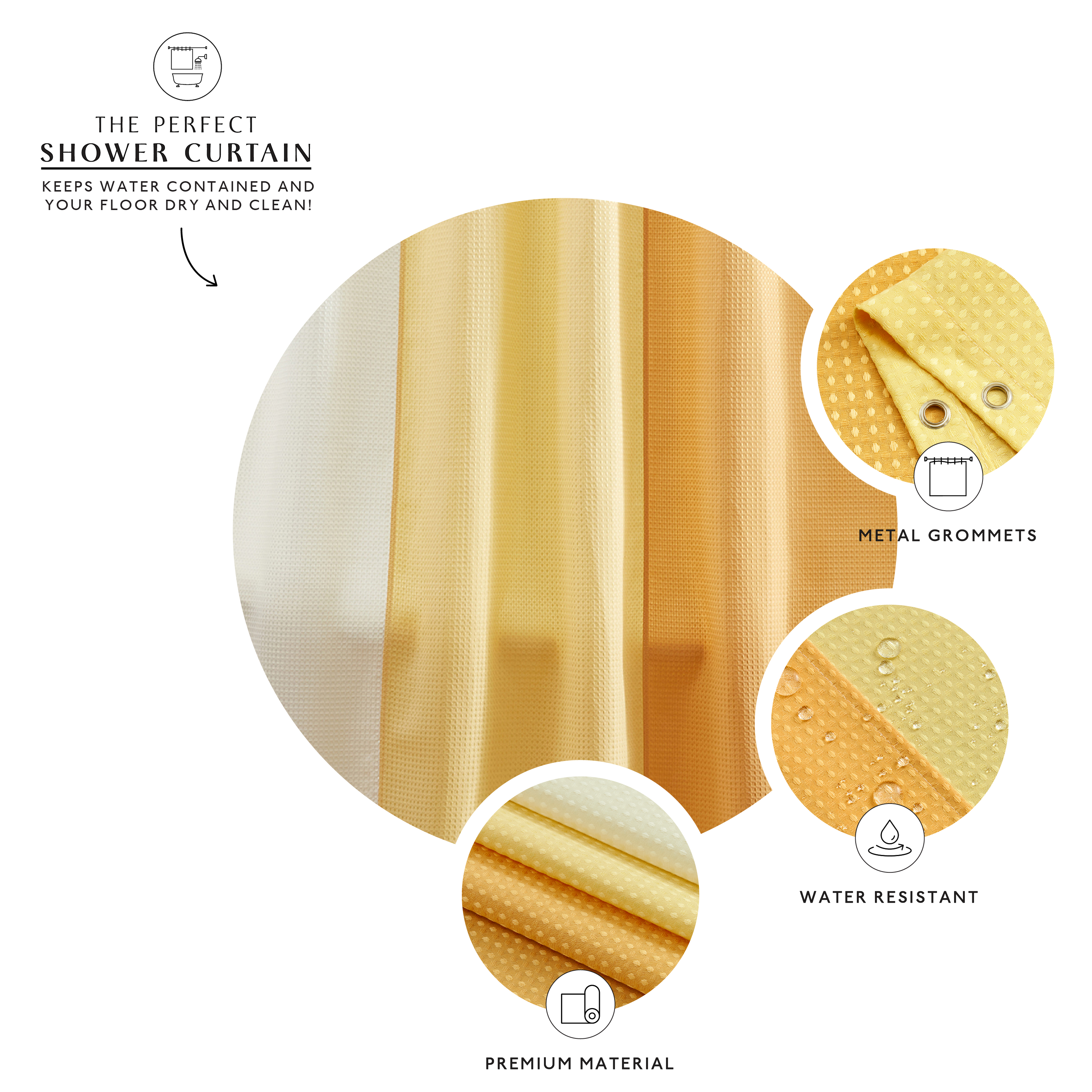Gold shower curtain with features highlighted on a white background