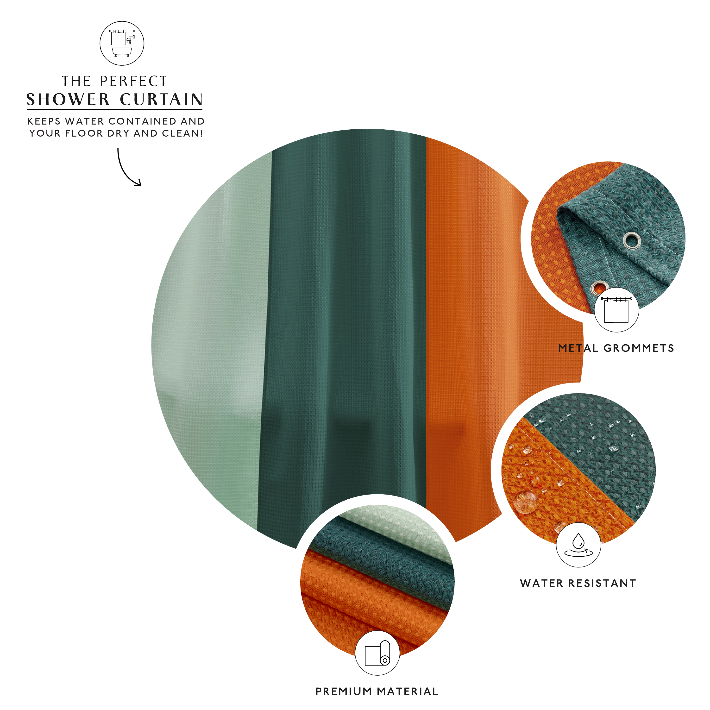Shower curtain with green and orange colors, featuring metal grommets, water resistance, and premium material on a white background.