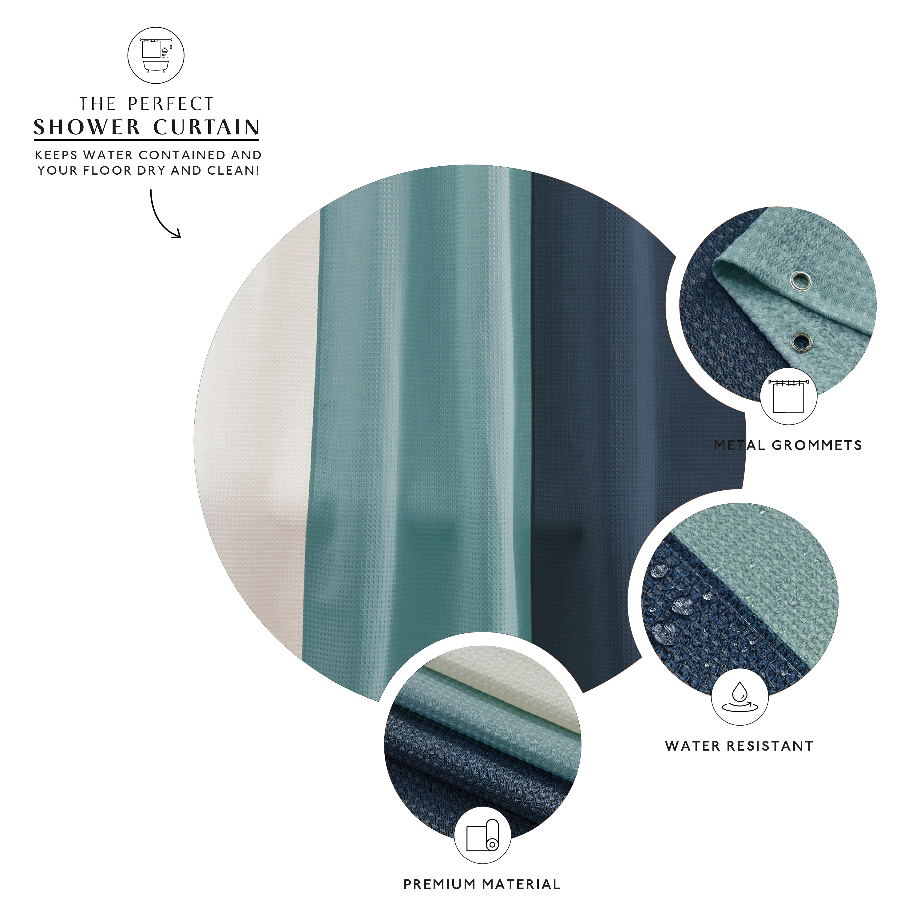 Teal shower curtain with grommets and water-resistant material on a white background