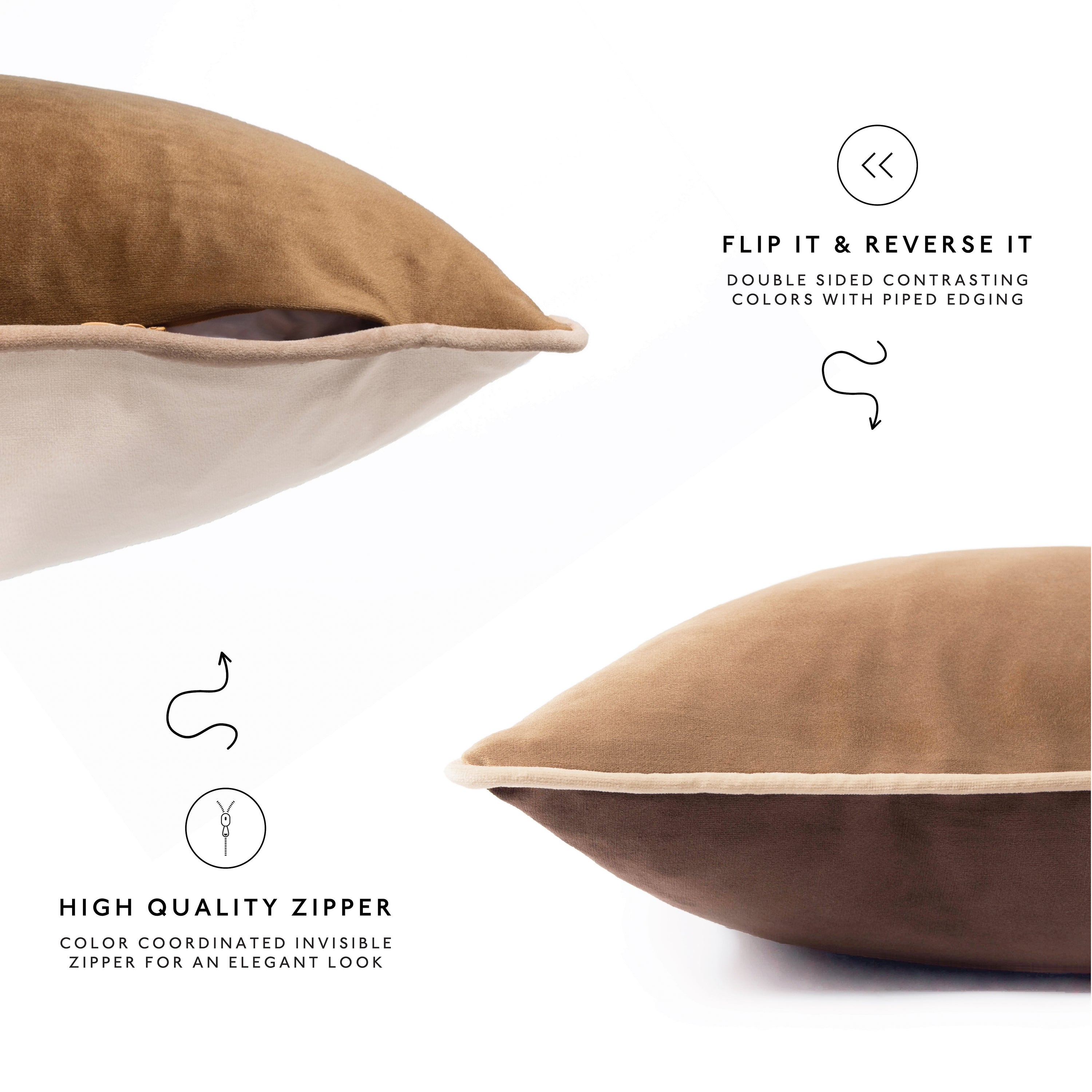 brown beige caramel decorative throw pillow covers piping soft reversible square home decor