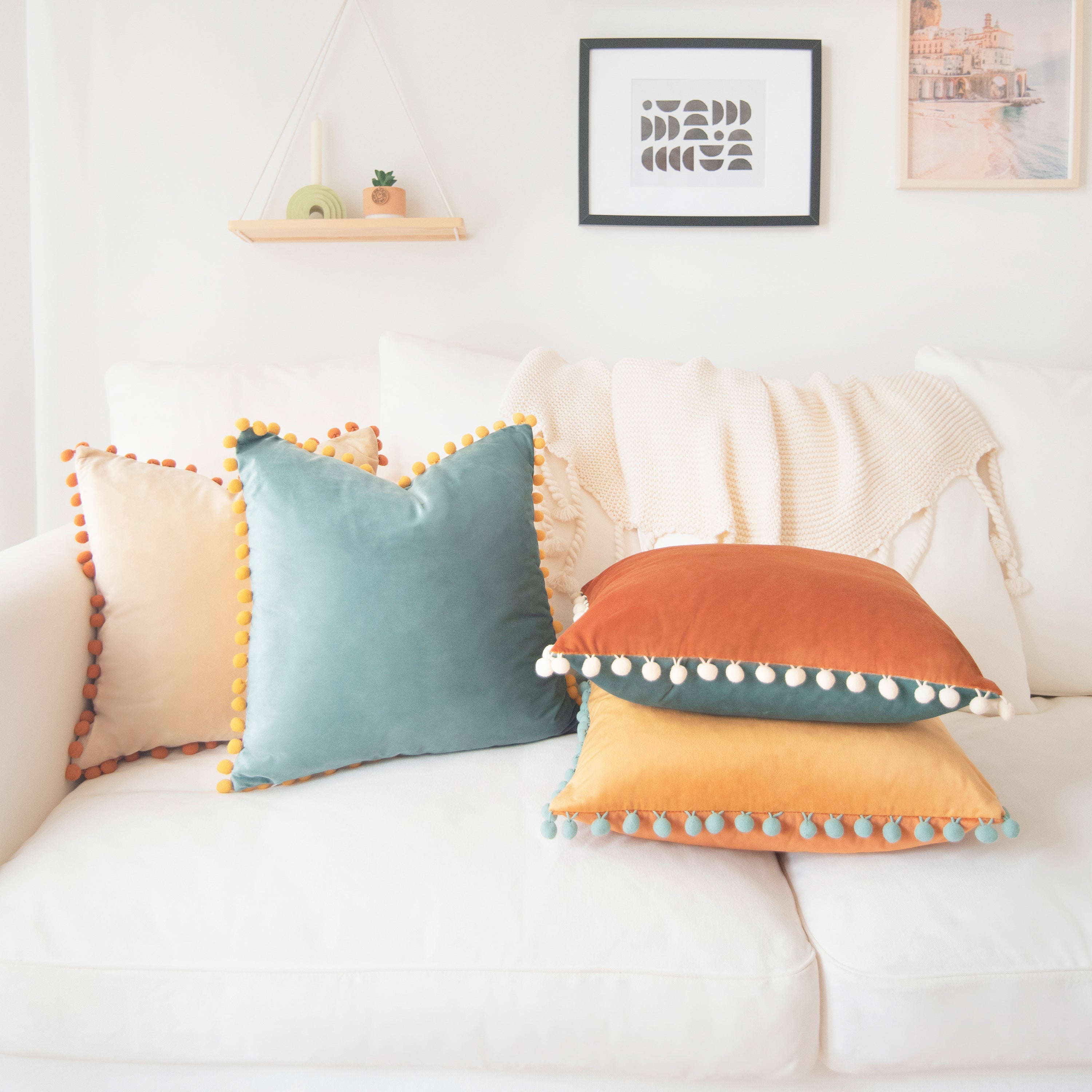 pom pom yellow orange teal beige decorative throw pillow covers velvet soft