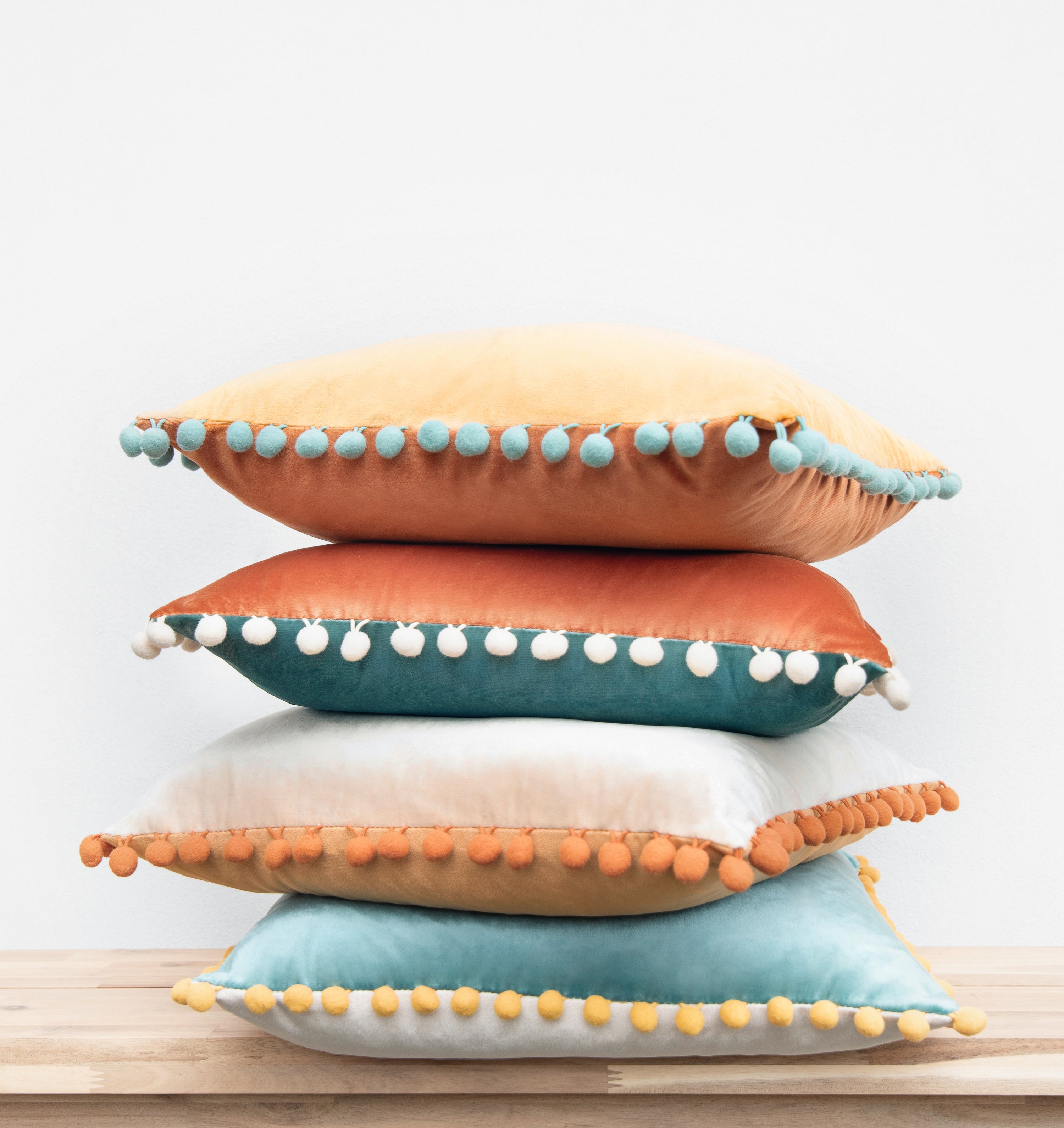 pom pom yellow orange teal beige decorative throw pillow covers velvet soft