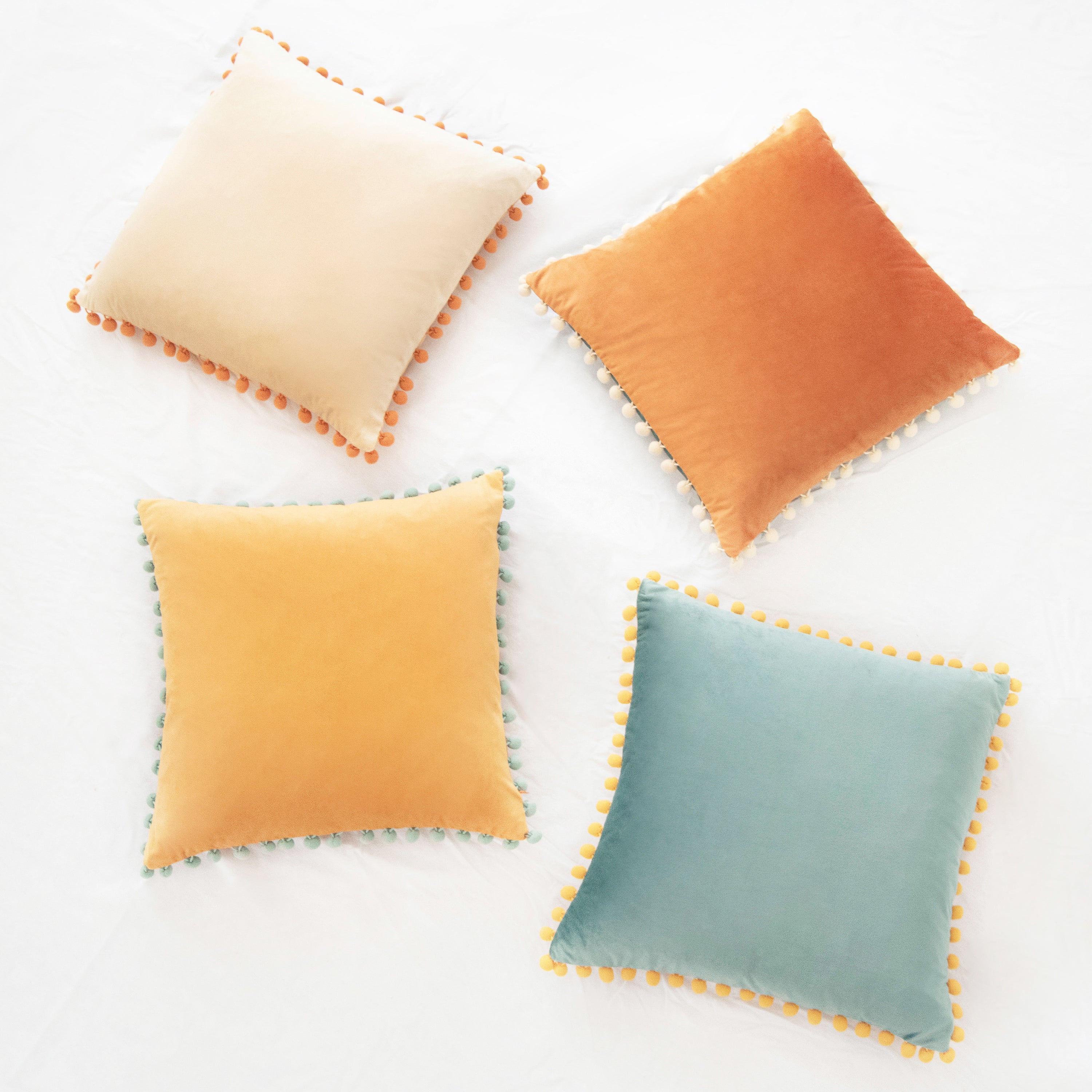 pom pom yellow orange teal beige decorative throw pillow covers velvet soft