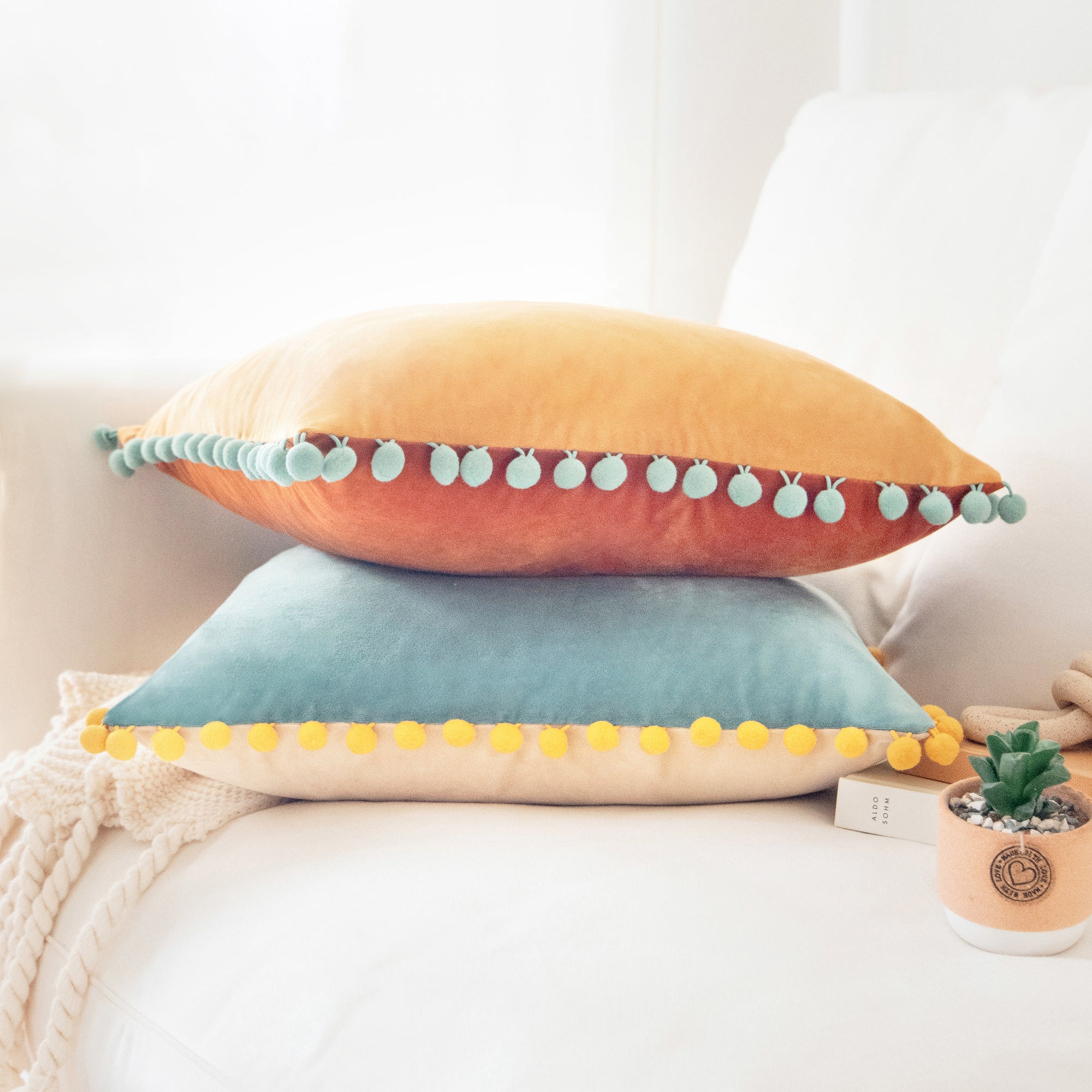 pom pom yellow orange teal beige decorative throw pillow covers velvet soft