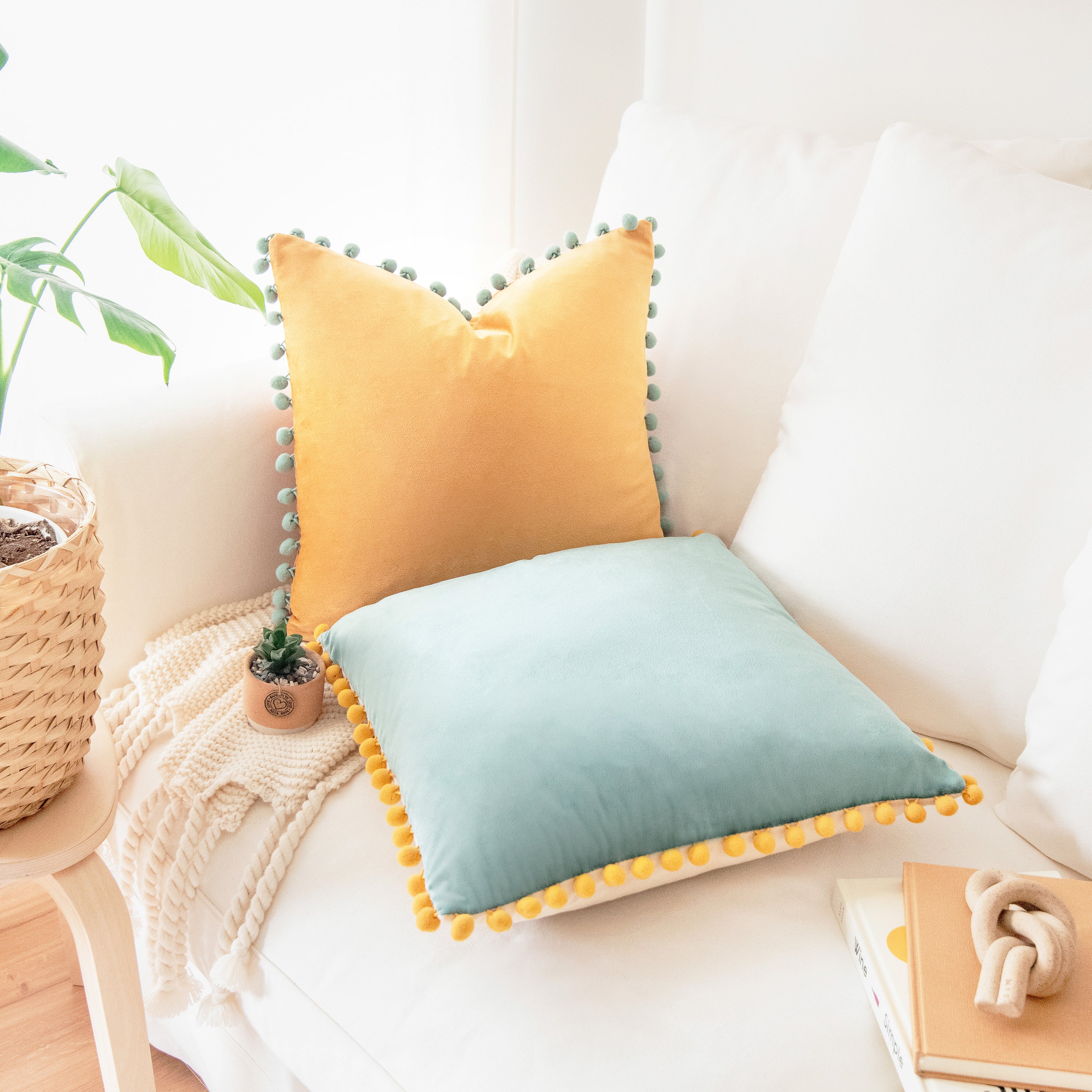 pom pom yellow orange teal beige decorative throw pillow covers velvet soft