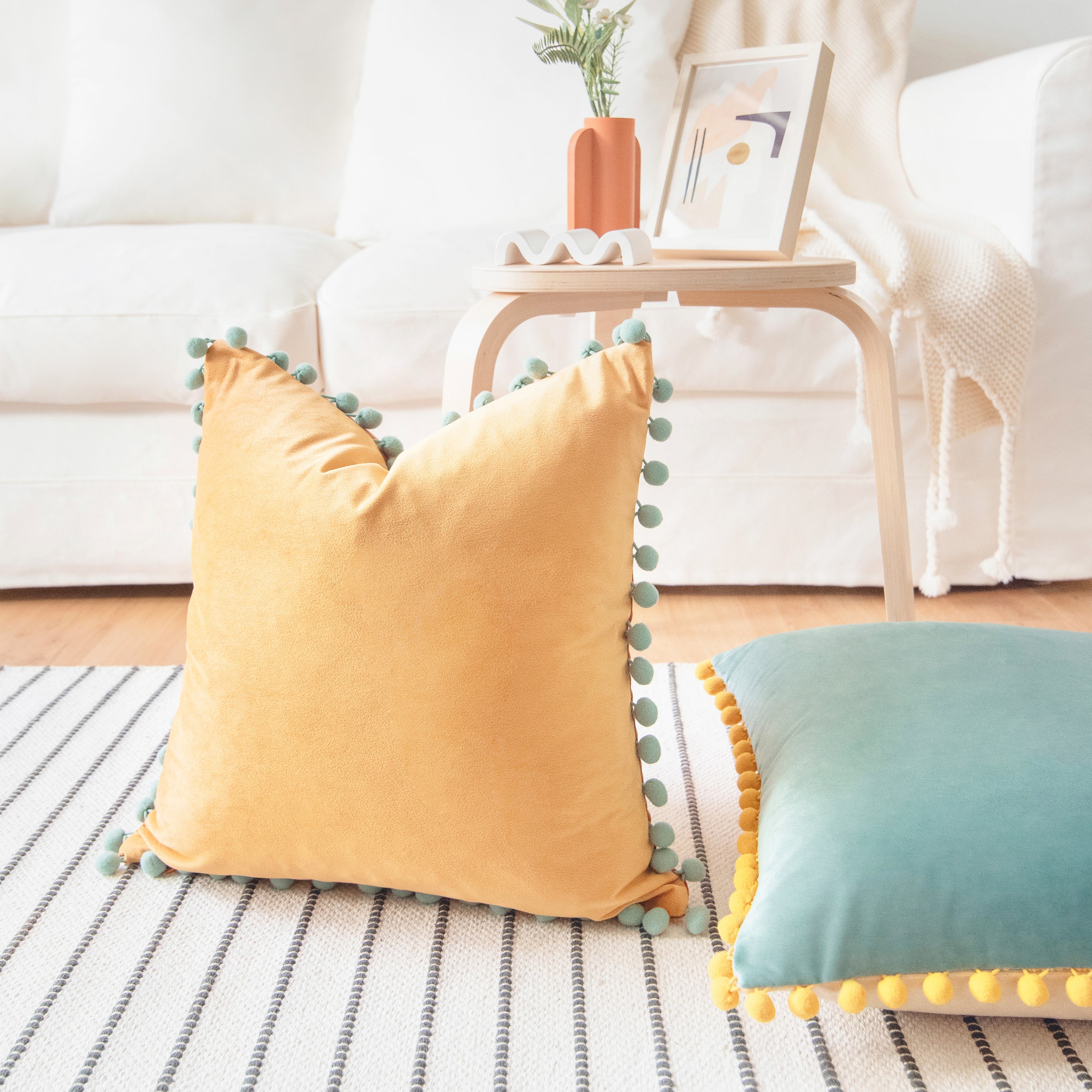 pom pom yellow orange teal beige decorative throw pillow covers velvet soft