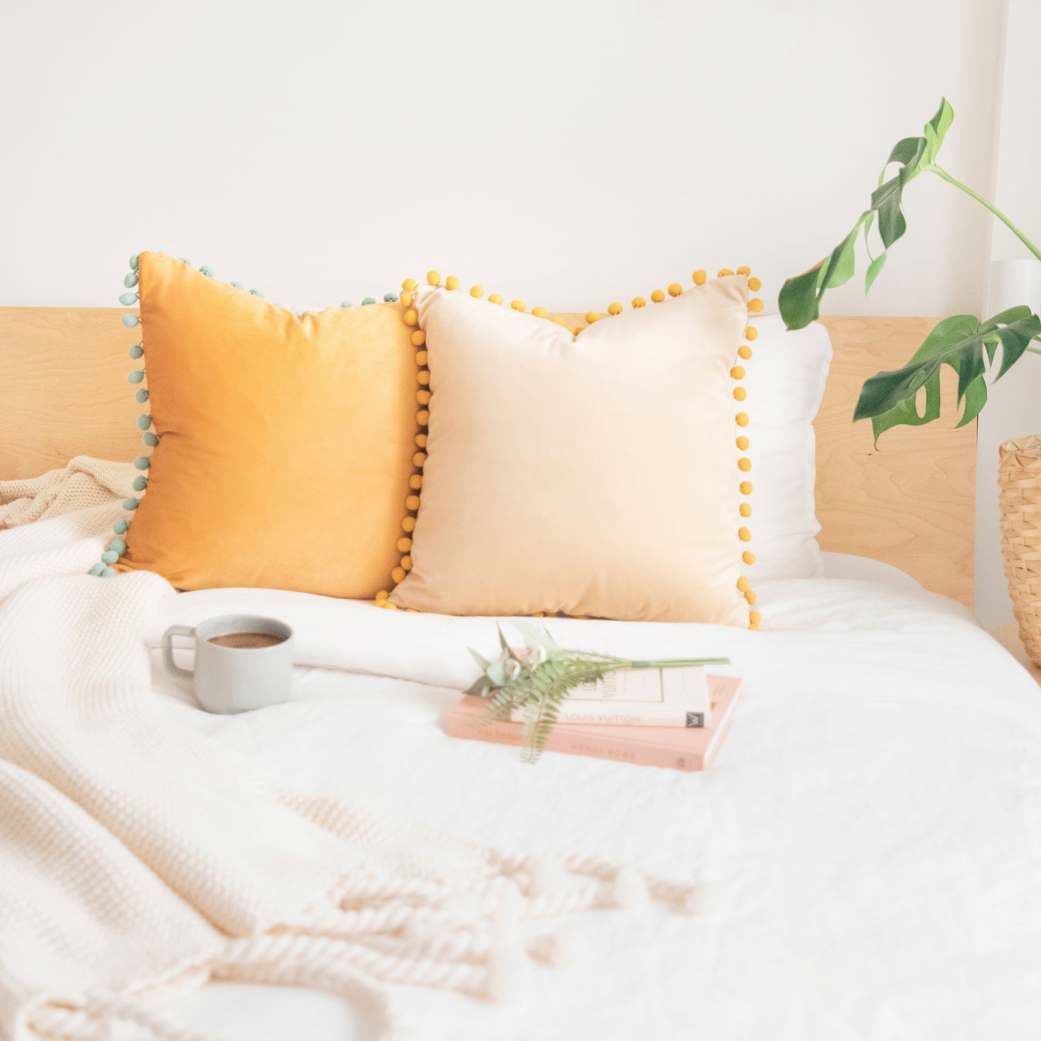pom pom yellow orange teal beige decorative throw pillow covers velvet soft