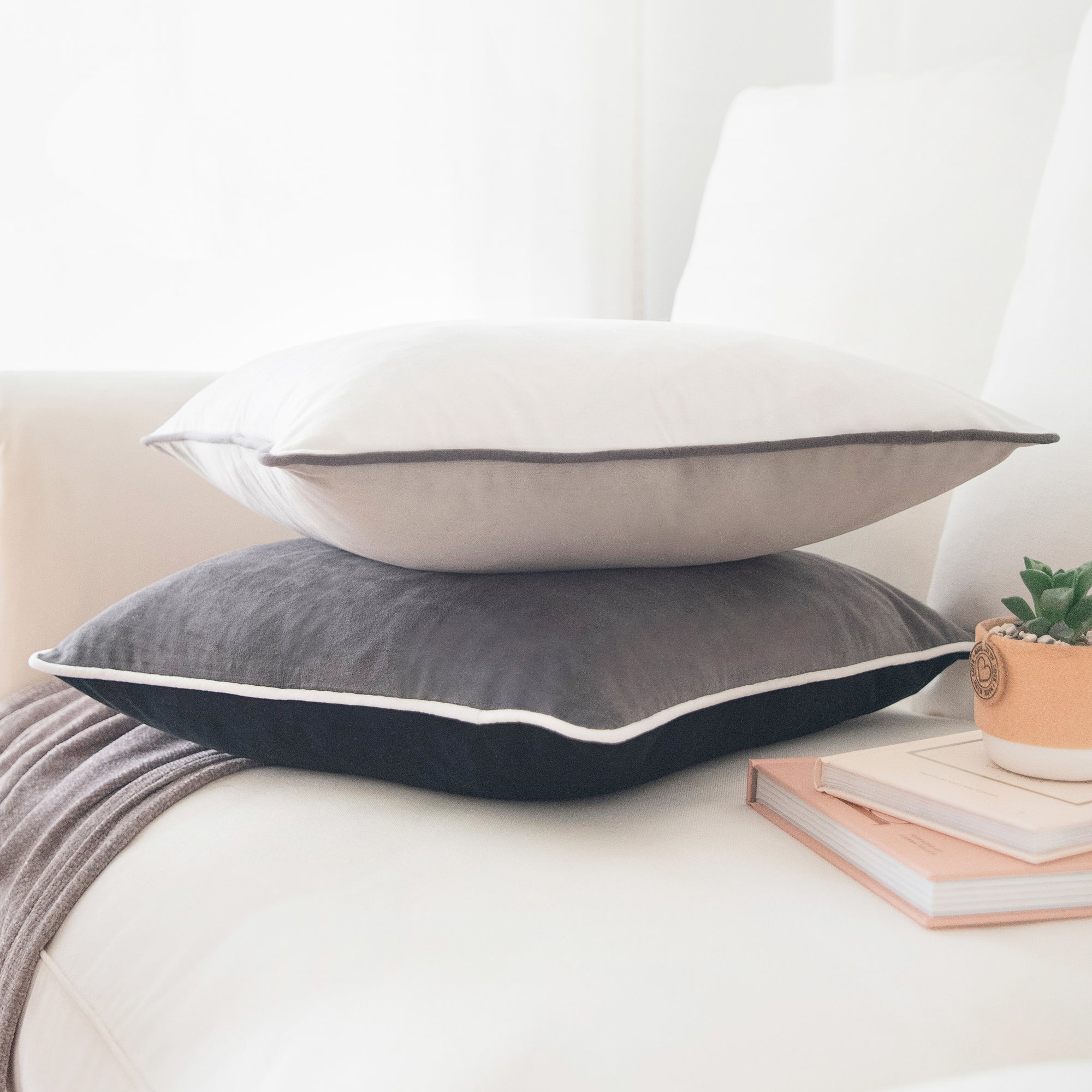 black white gray piping velvet decorative throw pillow covers reversible home decor