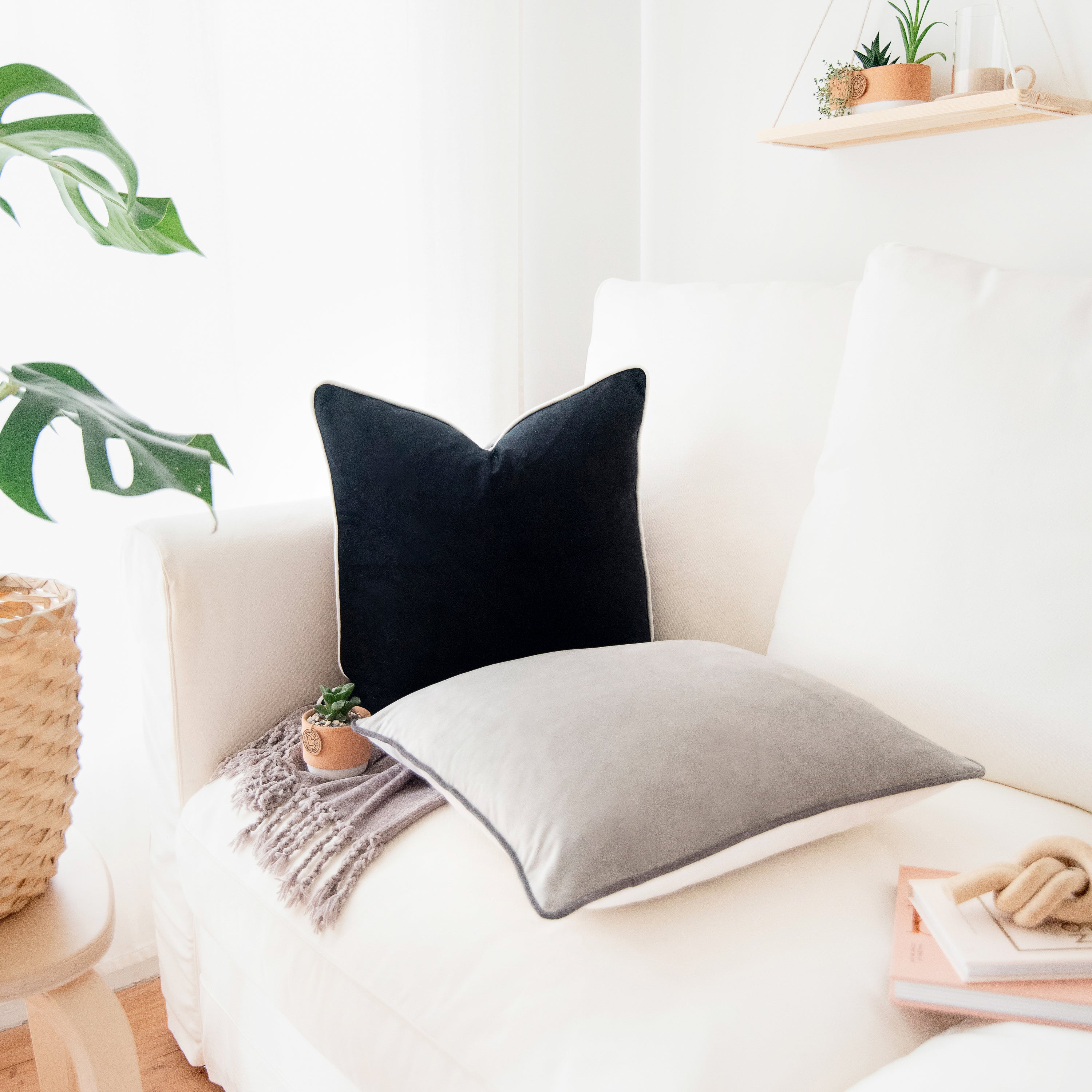 black white gray piping velvet decorative throw pillow covers reversible home decor