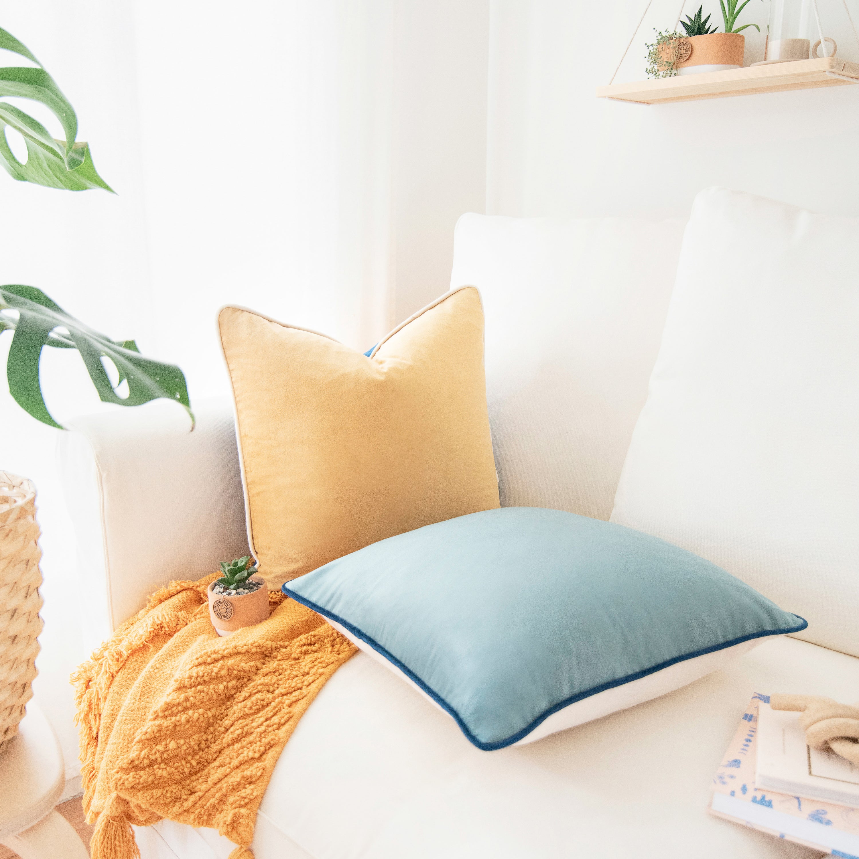 blue beige white teal decorative throw pillow covers velvet piping set two home decor