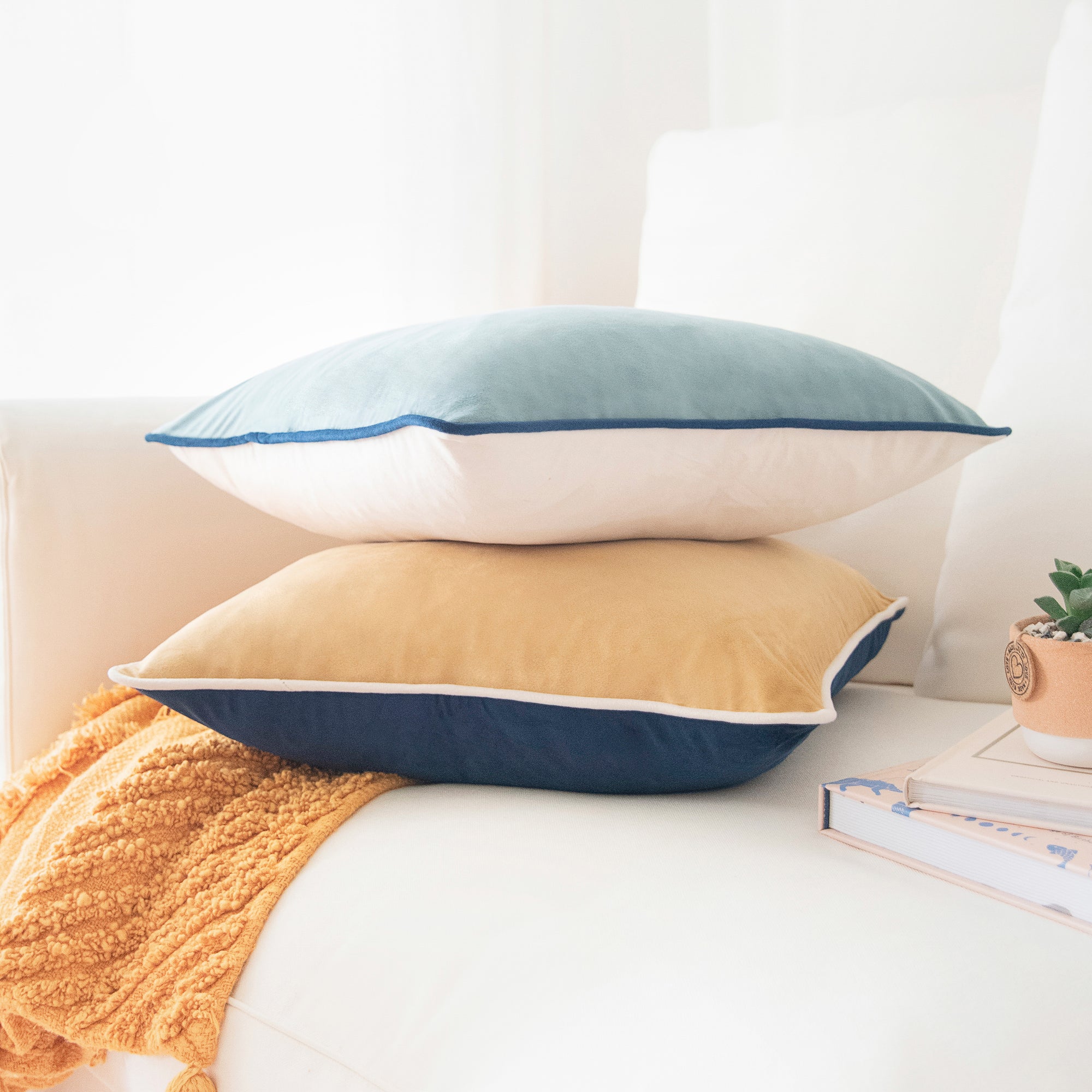 blue beige white teal decorative throw pillow covers velvet piping set two home decor
