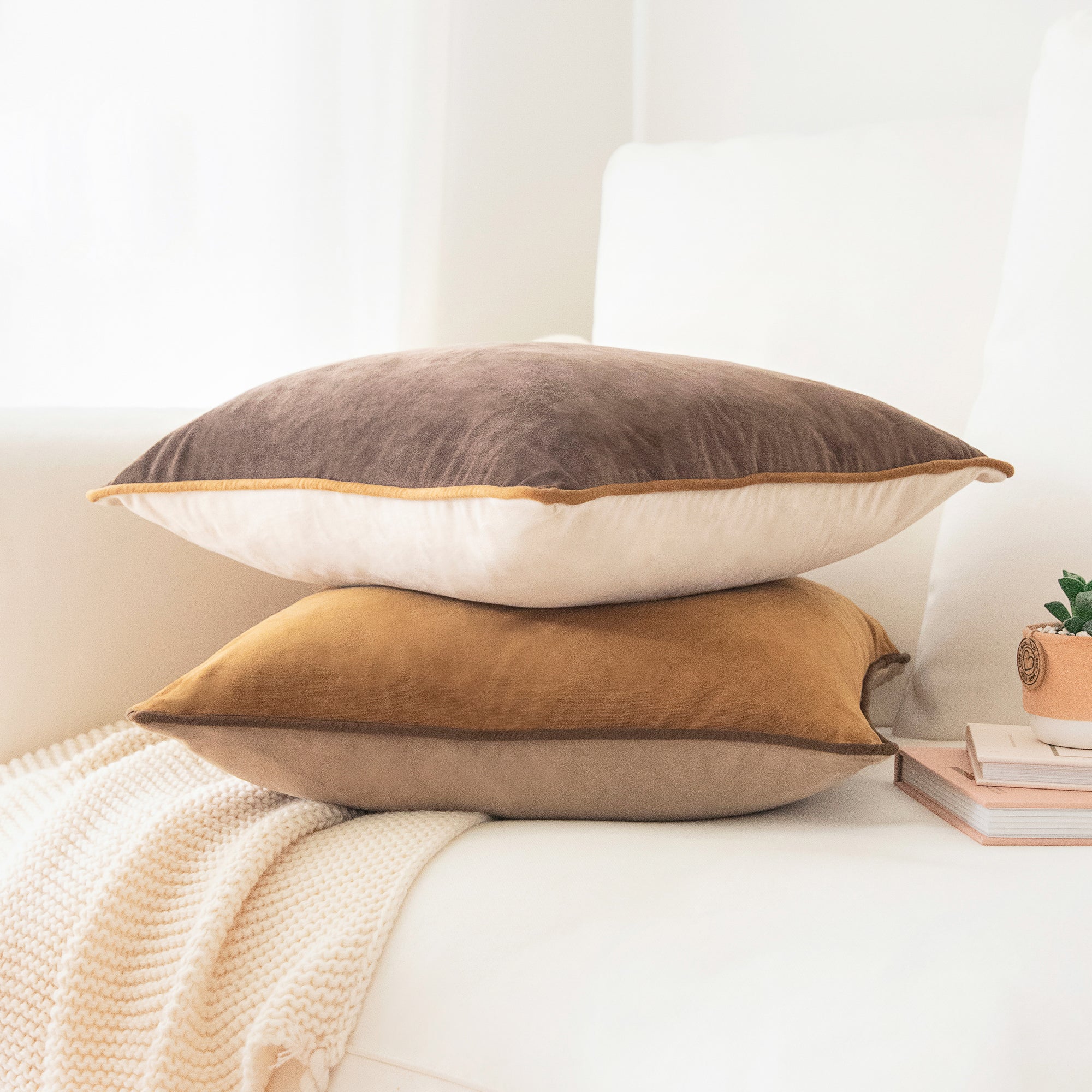 brown beige caramel decorative throw pillow covers piping soft reversible square home decor