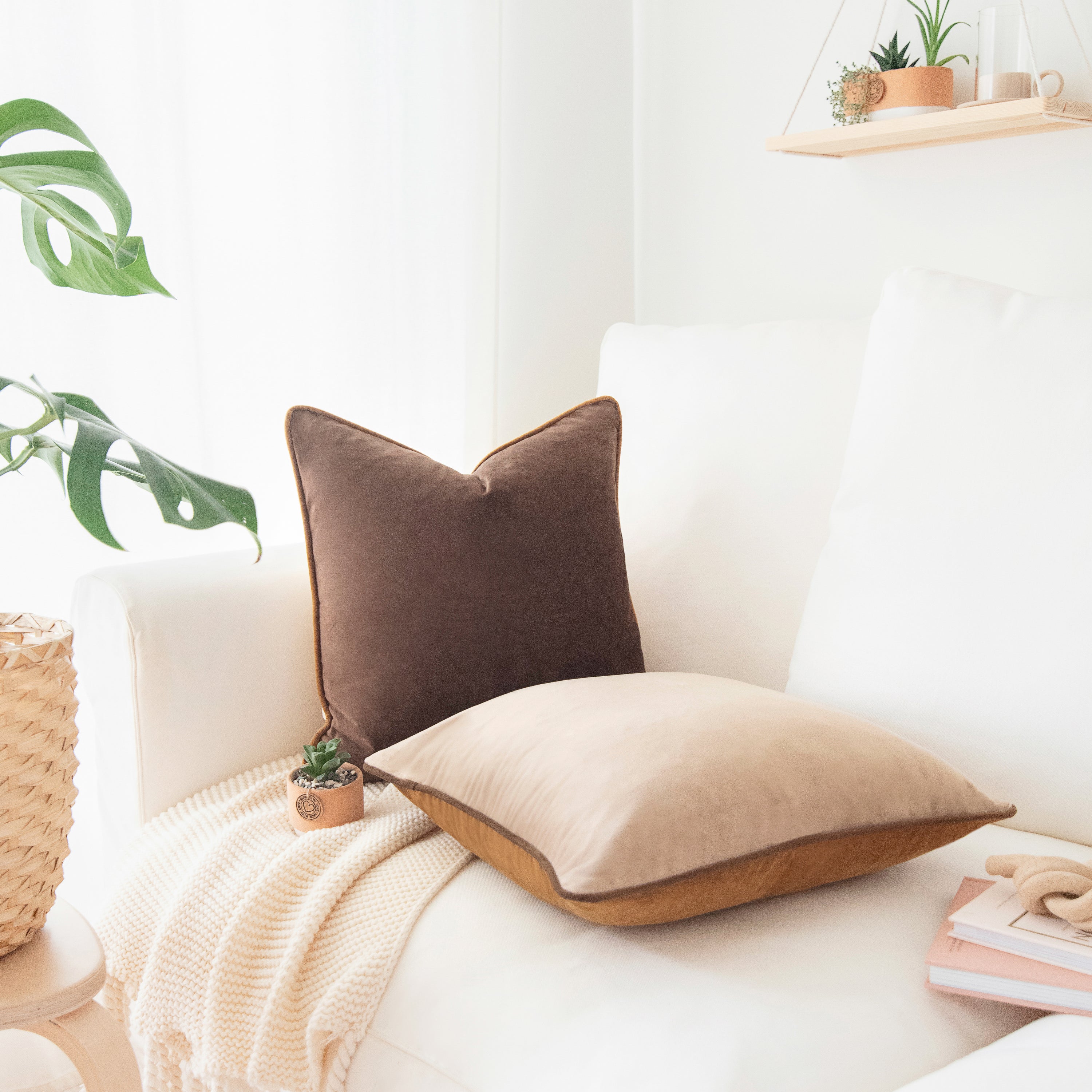 brown beige caramel decorative throw pillow covers piping soft reversible square home decor