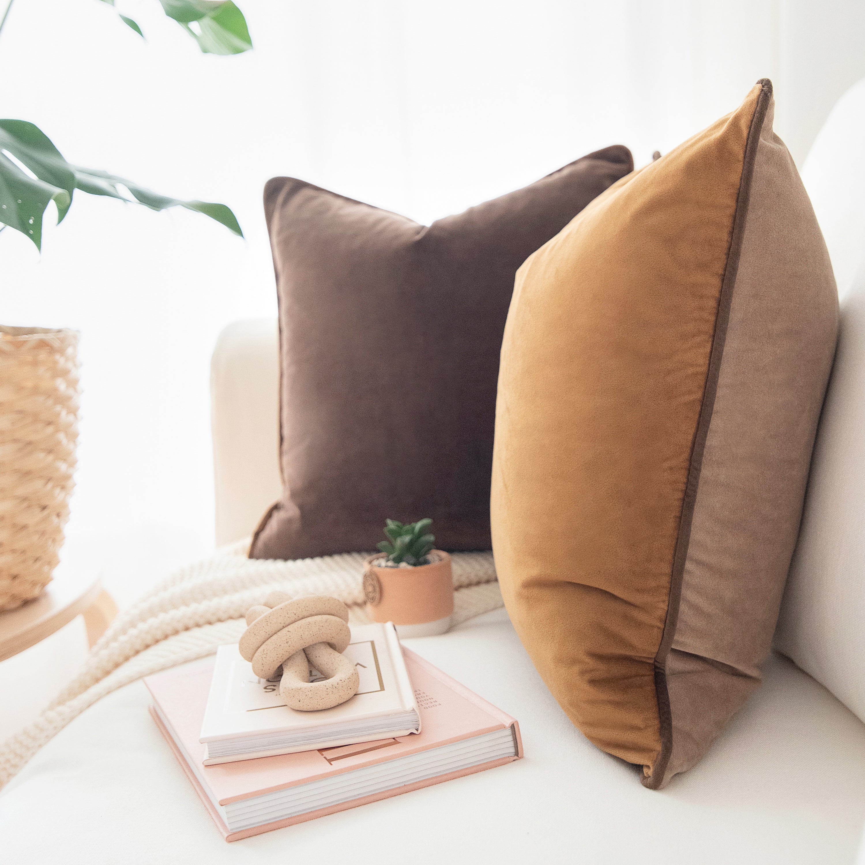 brown beige caramel decorative throw pillow covers piping soft reversible square home decor