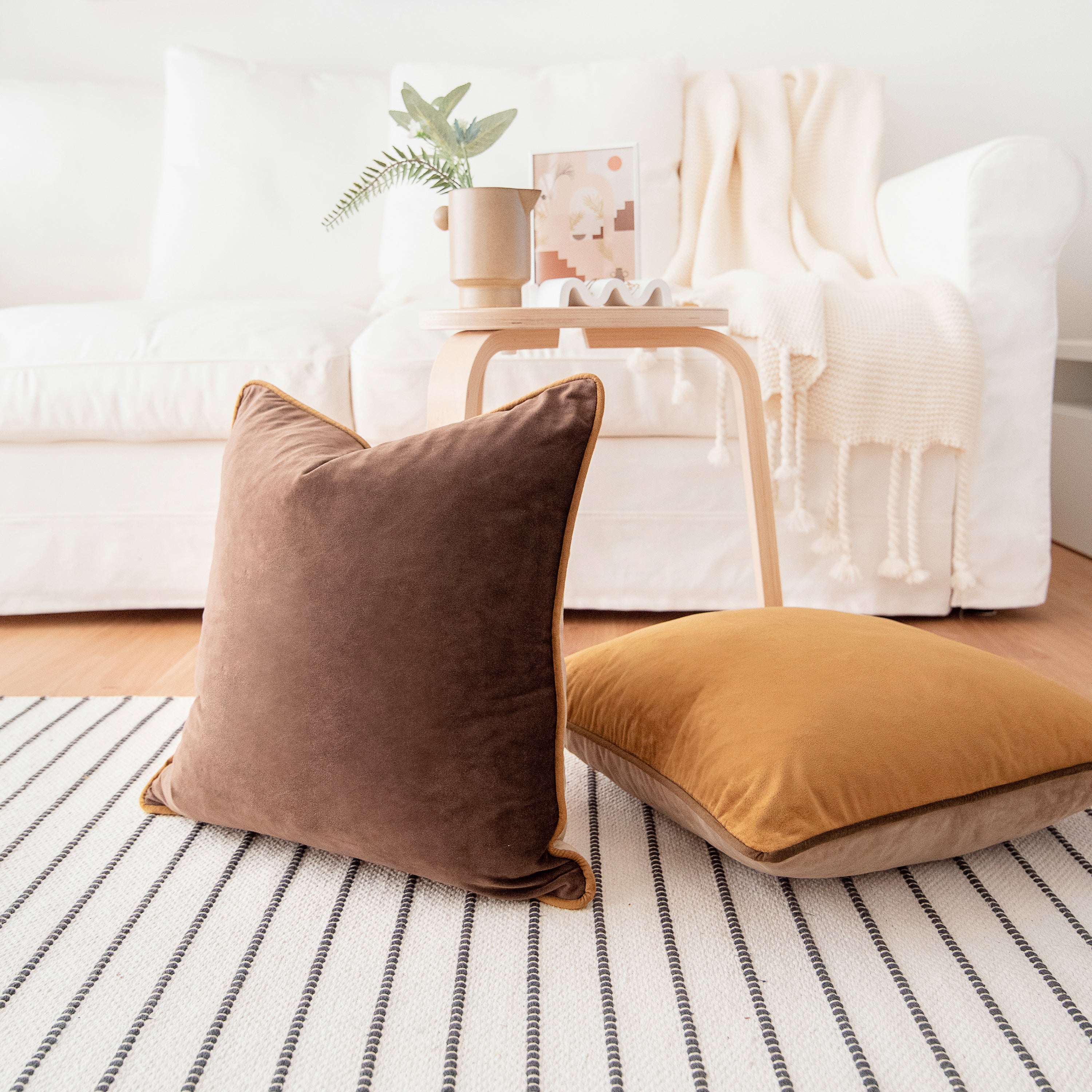 brown beige caramel decorative throw pillow covers piping soft reversible square home decor