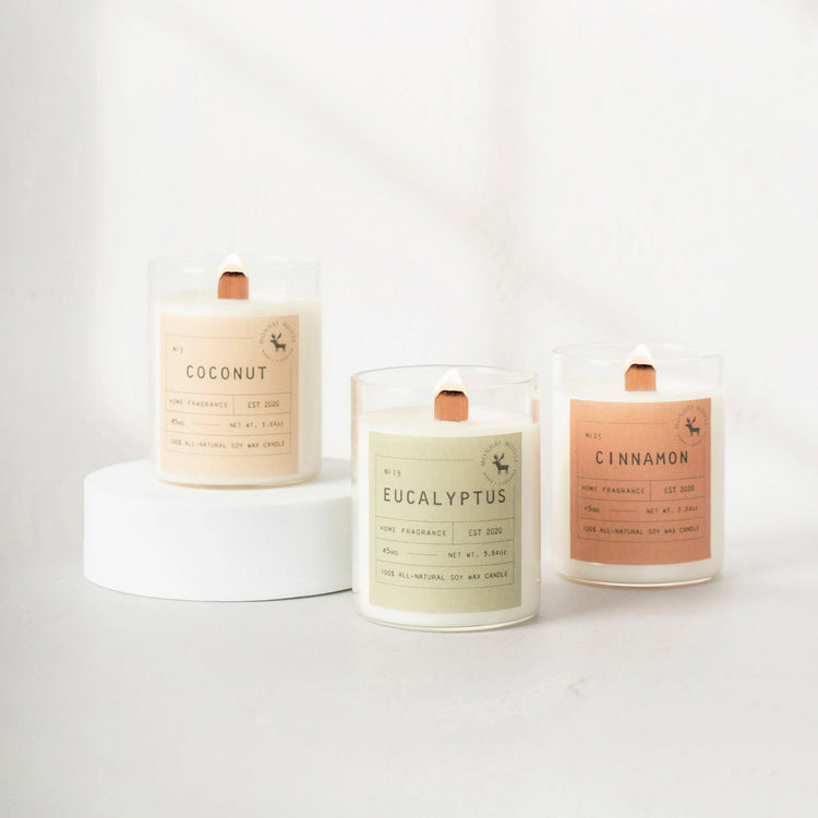 scented candle home fragrance set of three wood wick coconut eucalyptus cinnamon