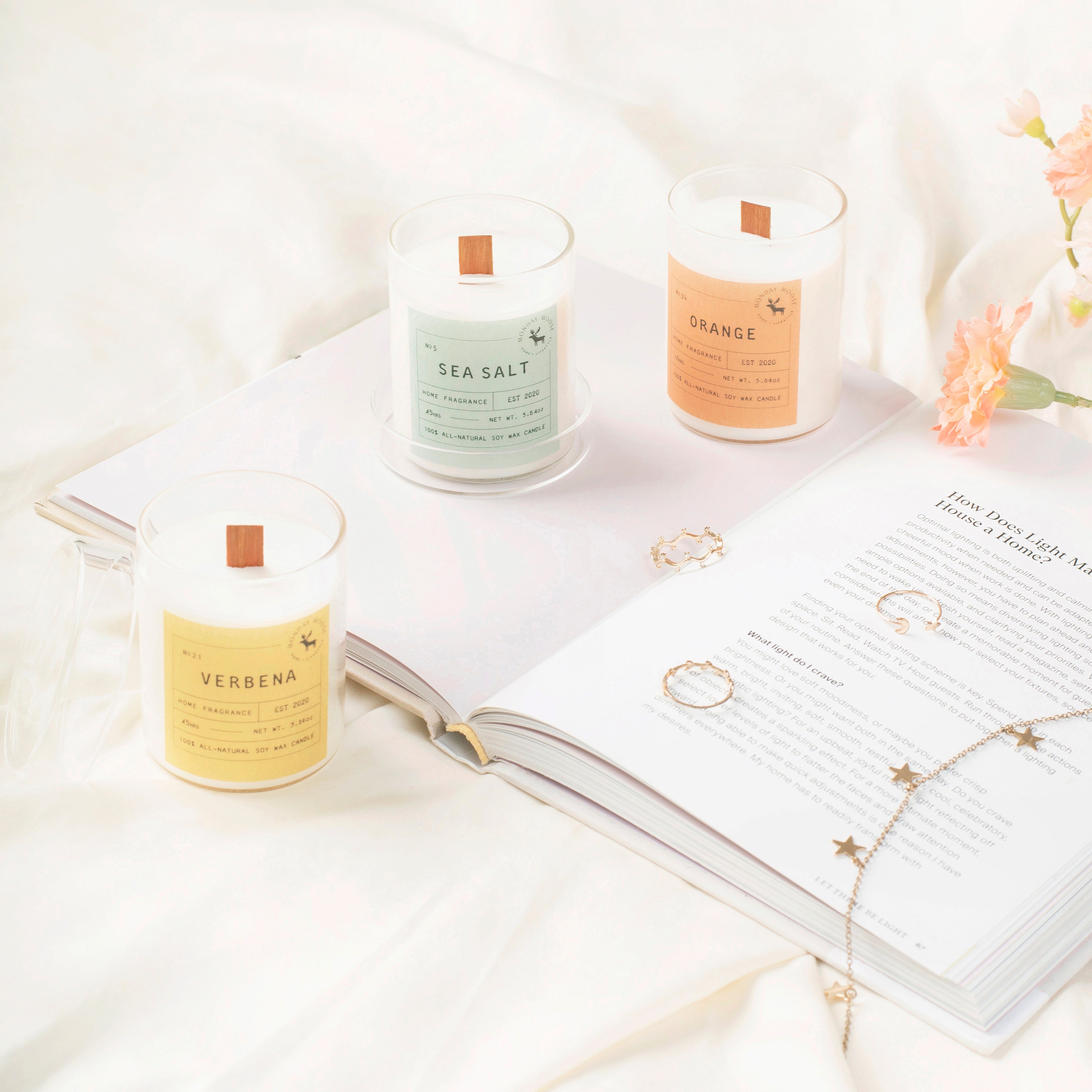 scented candle home fragrance set of three wood wick verbena sea salt orange