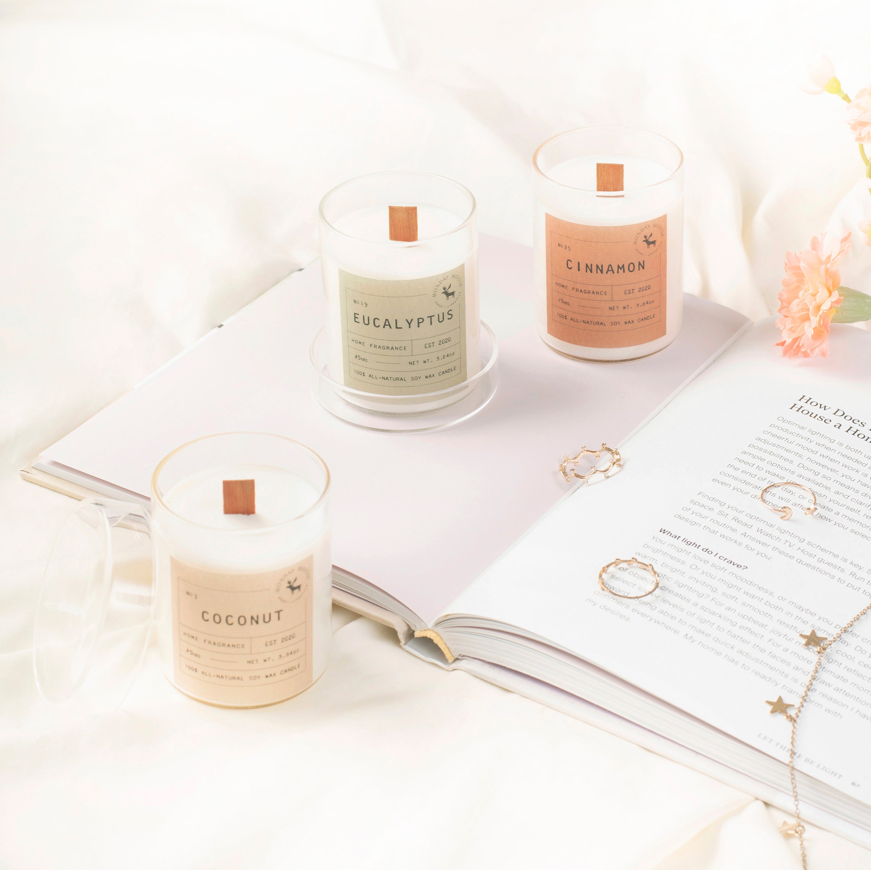 scented candle home fragrance set of three wood wick coconut eucalyptus cinnamon