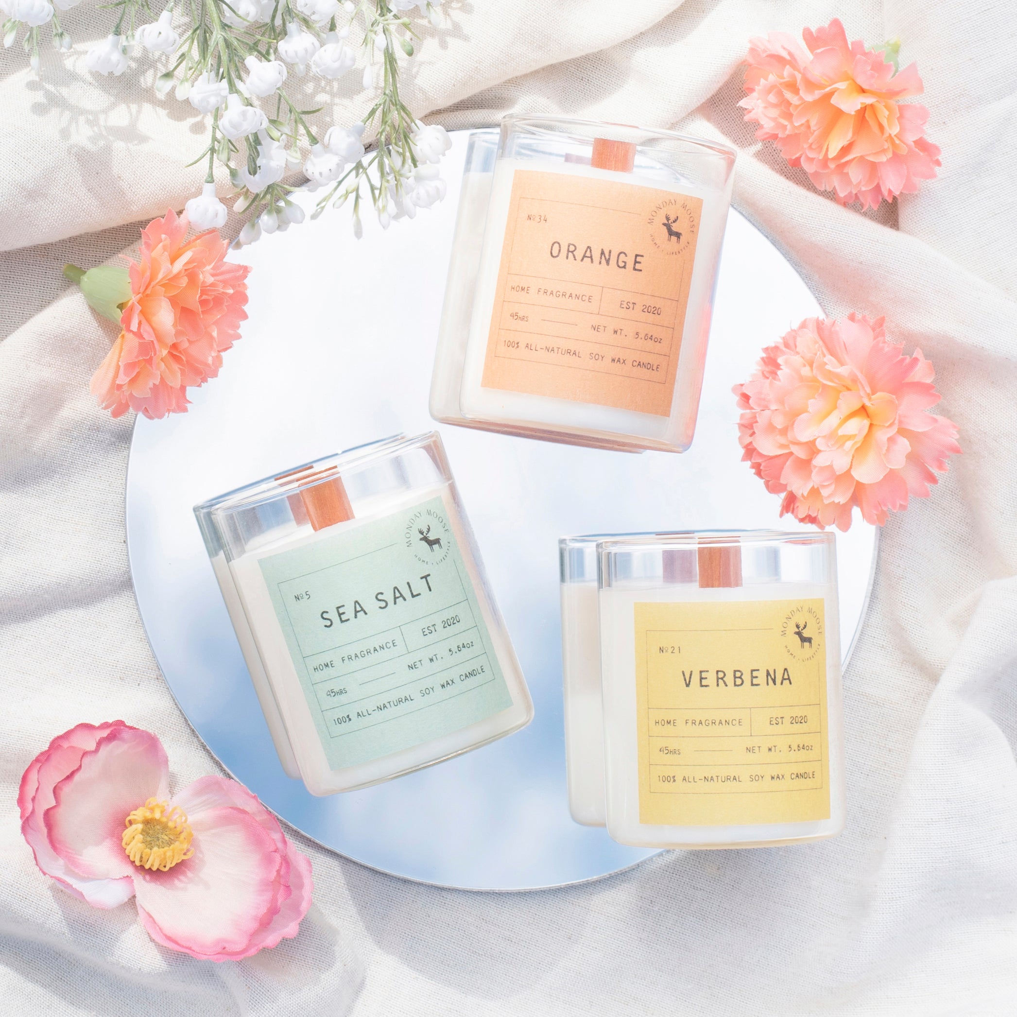 scented candle home fragrance set of three wood wick verbena sea salt orange