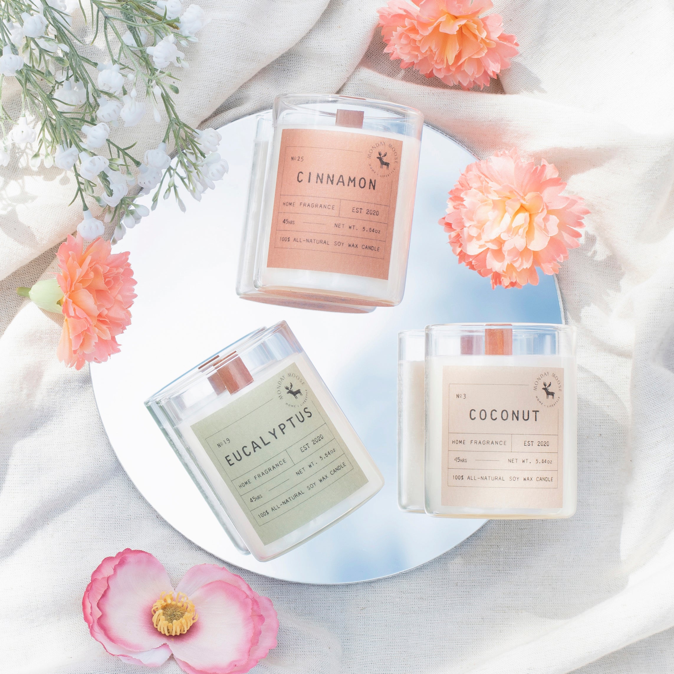 scented candle home fragrance set of three wood wick coconut eucalyptus cinnamon