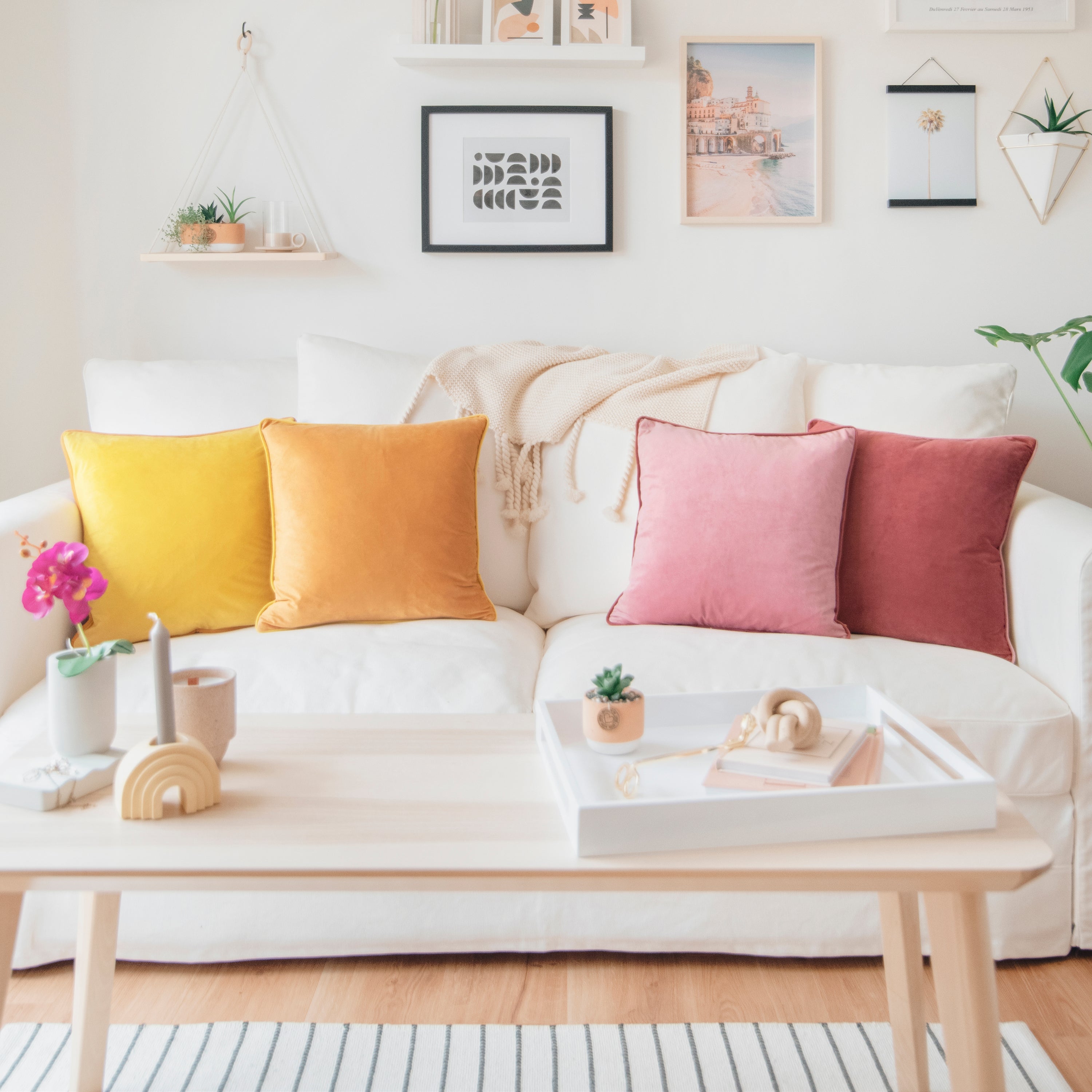 yellow ochre pink decorative throw pillow covers piping soft reversible square home decor