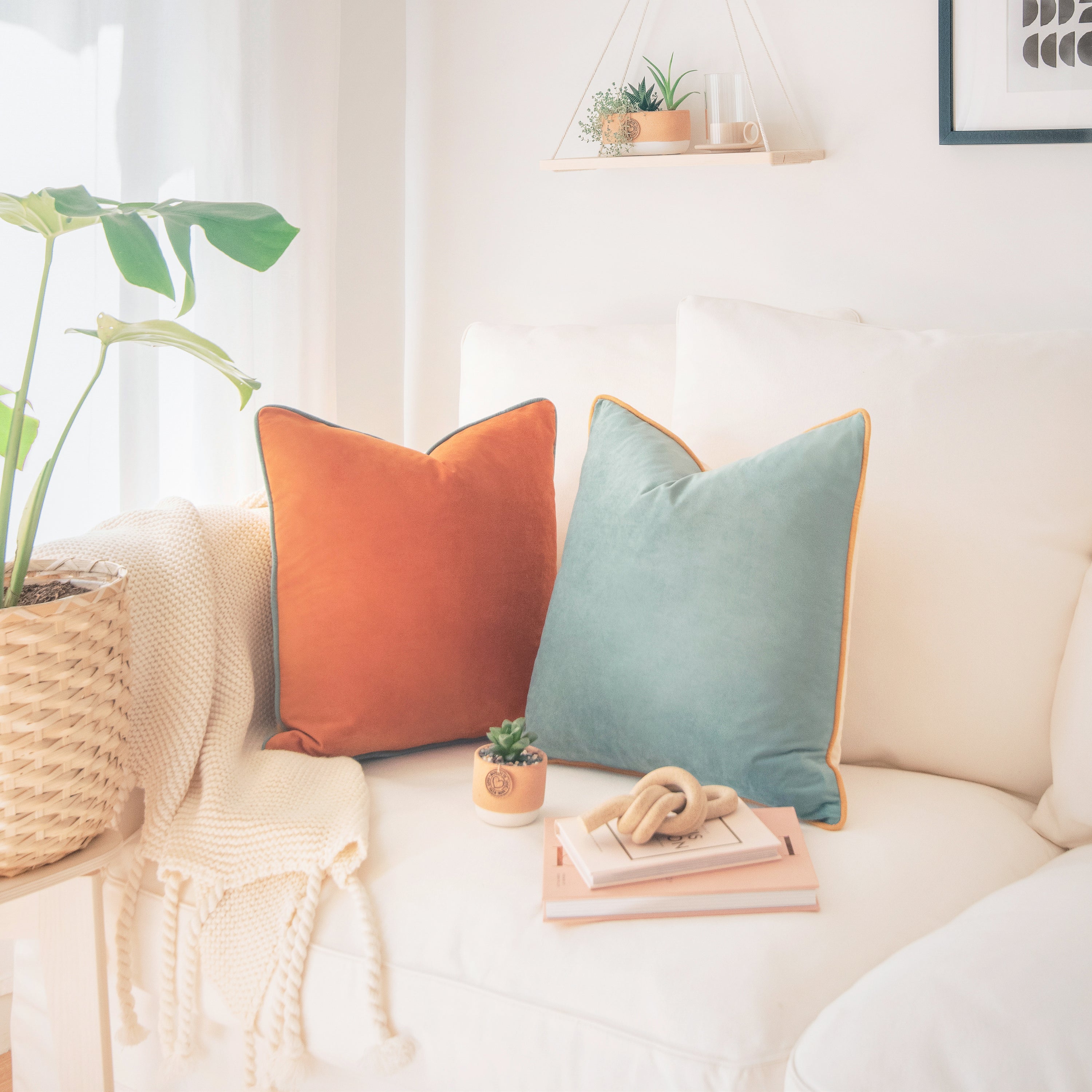 orange teal piping throw pillow covers velvet home decor soft square shams cushions