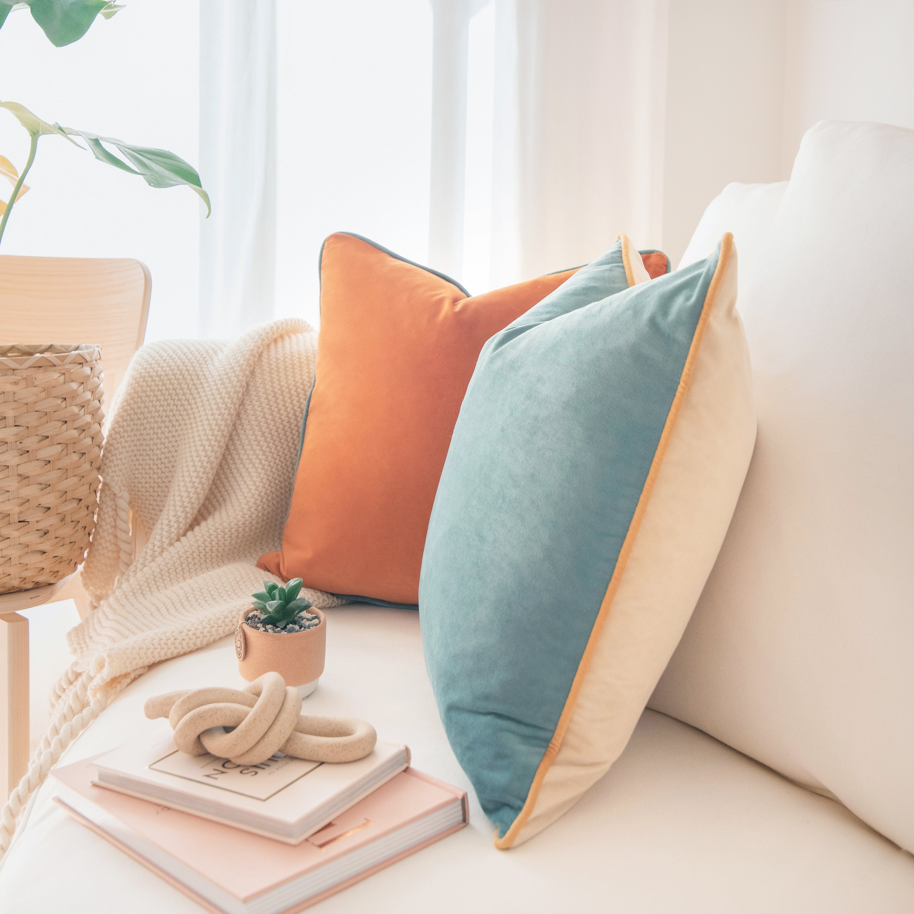 orange teal piping throw pillow covers velvet home decor soft square shams cushions