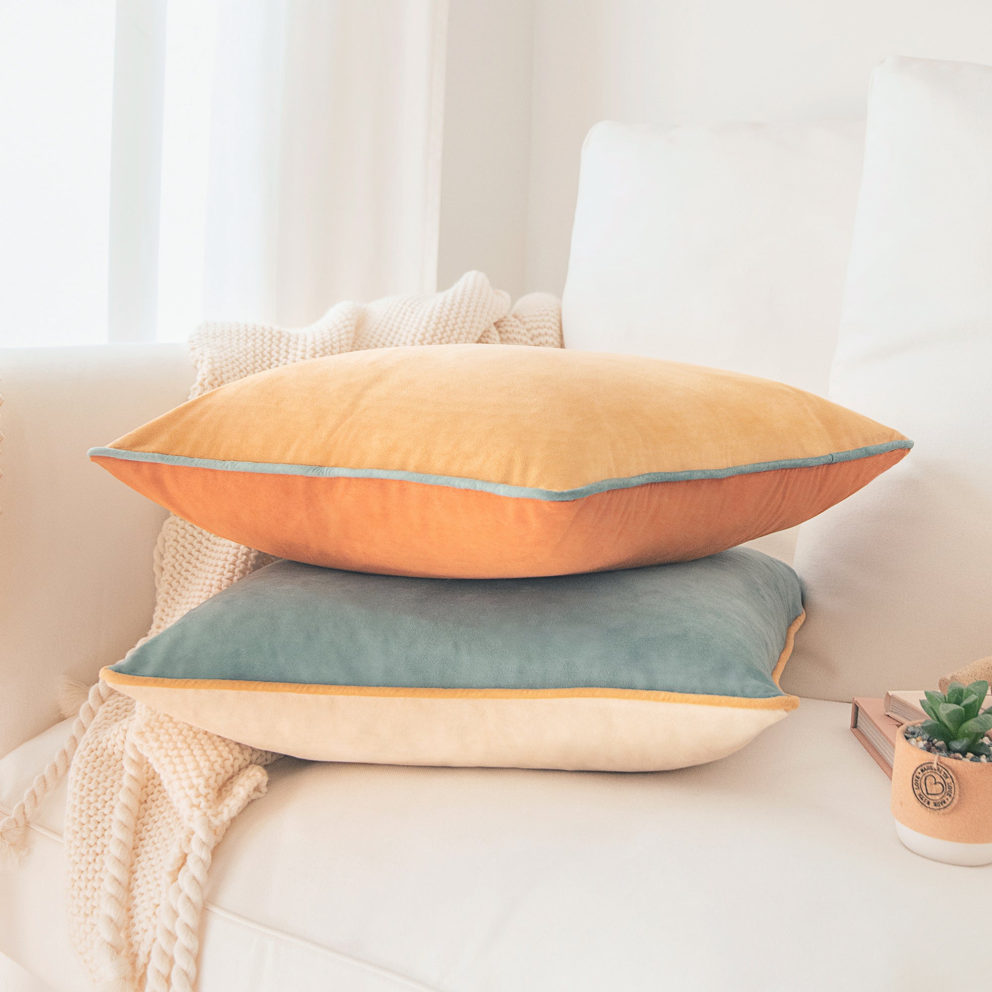orange teal piping throw pillow covers velvet home decor soft square shams cushions