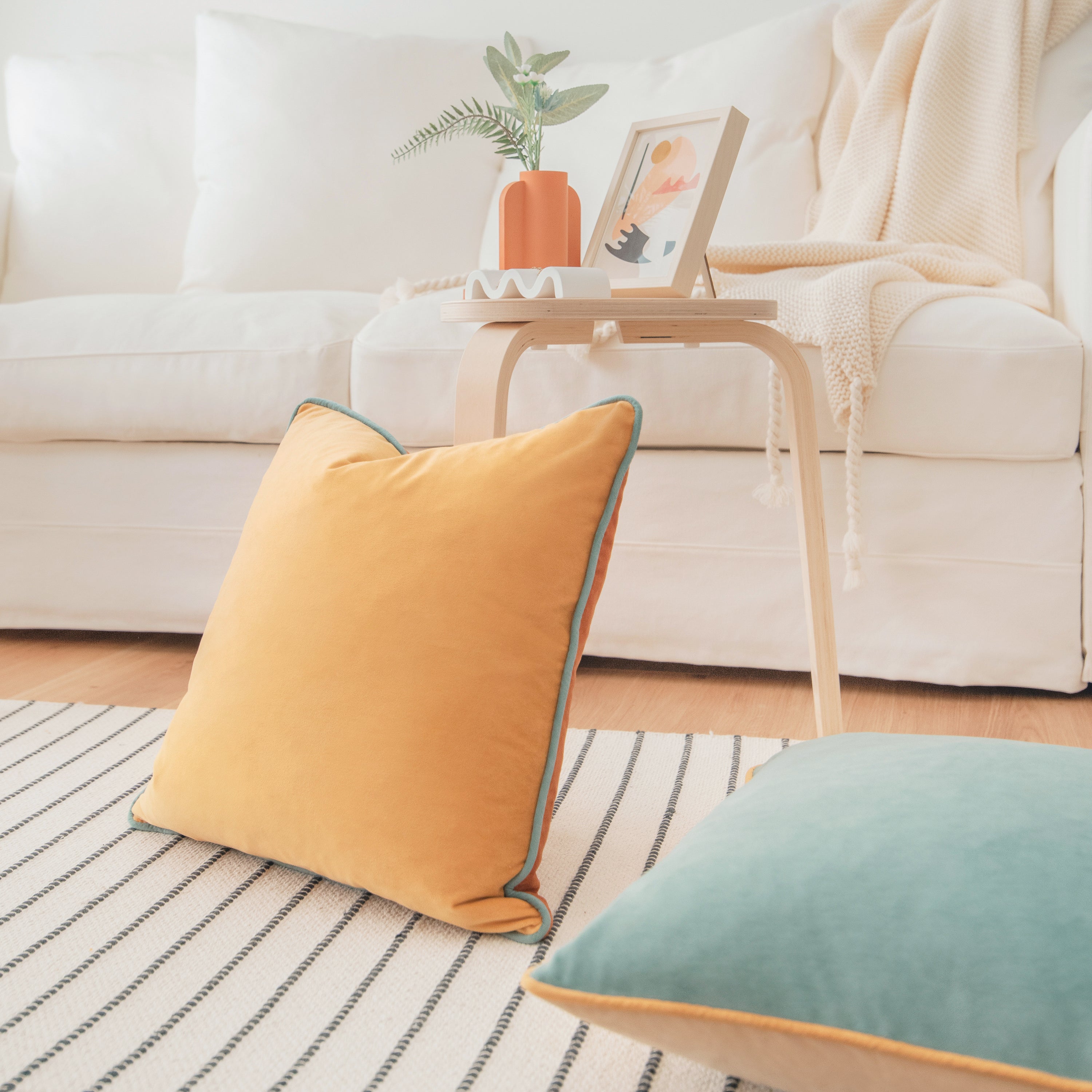 orange teal piping throw pillow covers velvet home decor soft square shams cushions