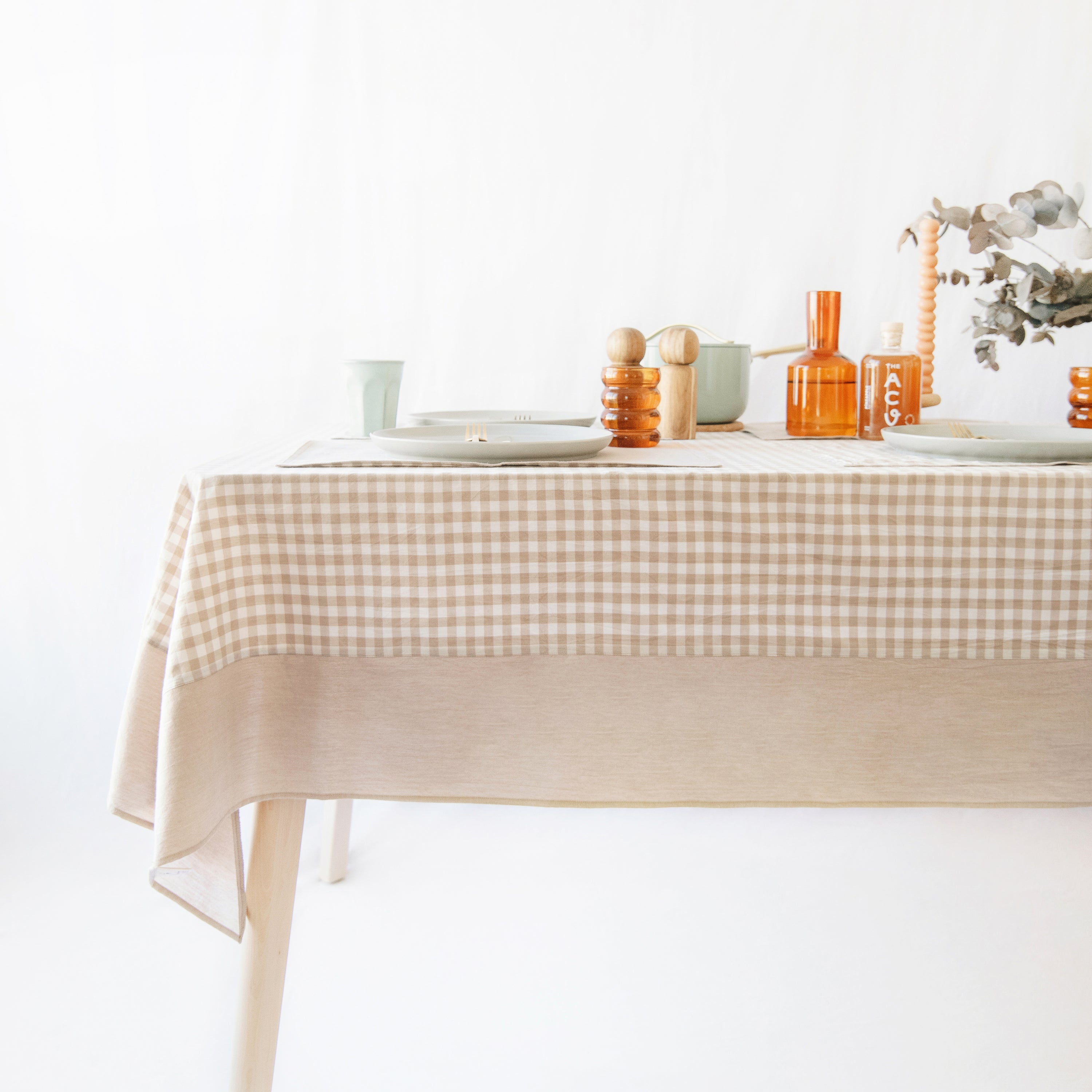 tablecloth gingham plaid buffalo checkered cotton stonewashed beige white rectangle