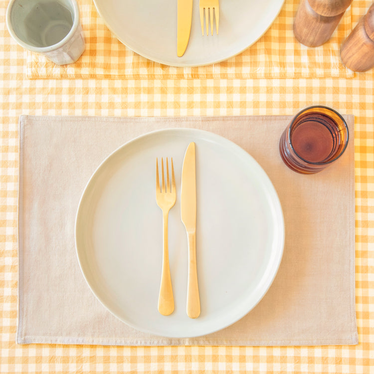 yellow beige white rectangle placemats gingham checkered reversible stonewashed cotton