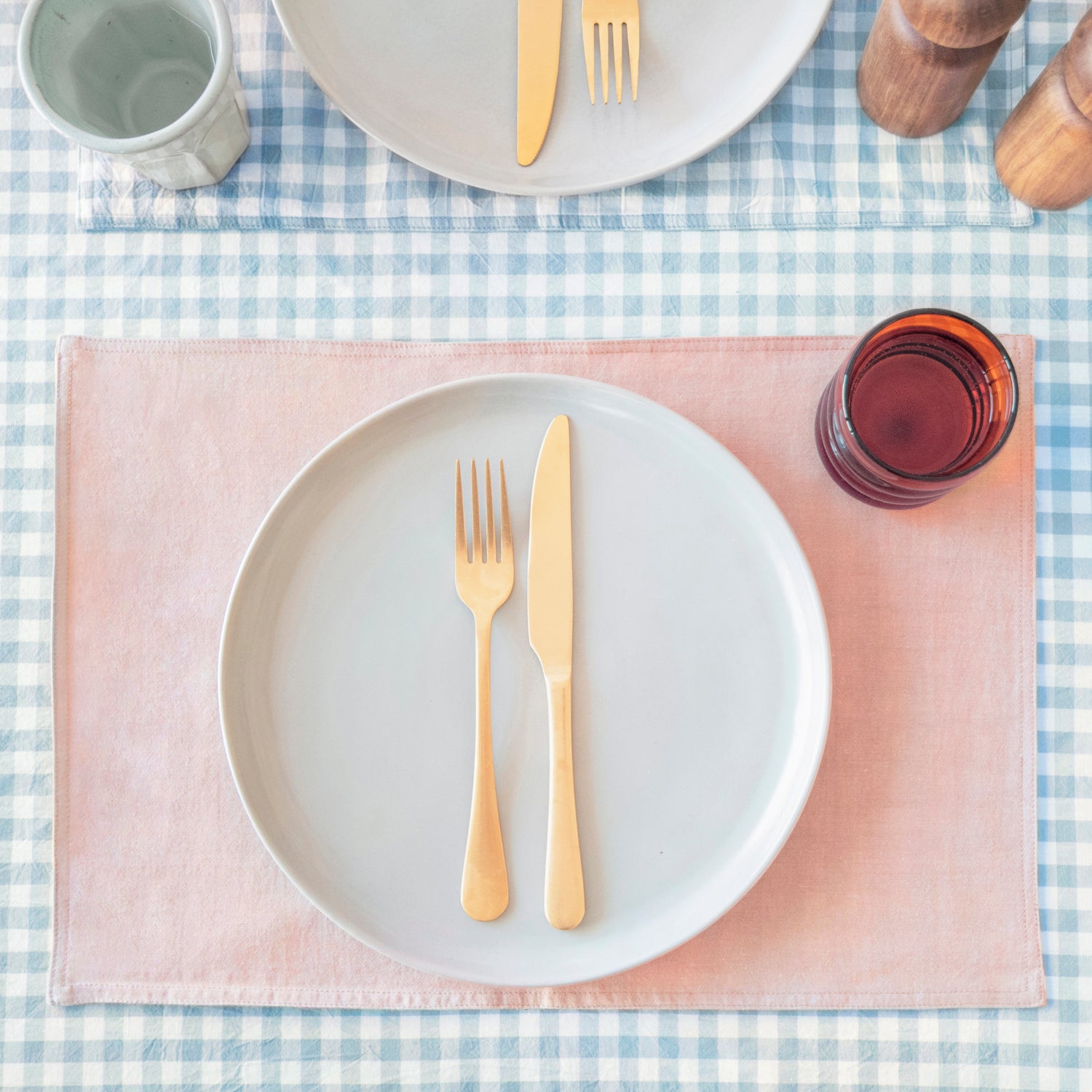 blue clay white rectangle placemats gingham checkered reversible stonewashed cotton