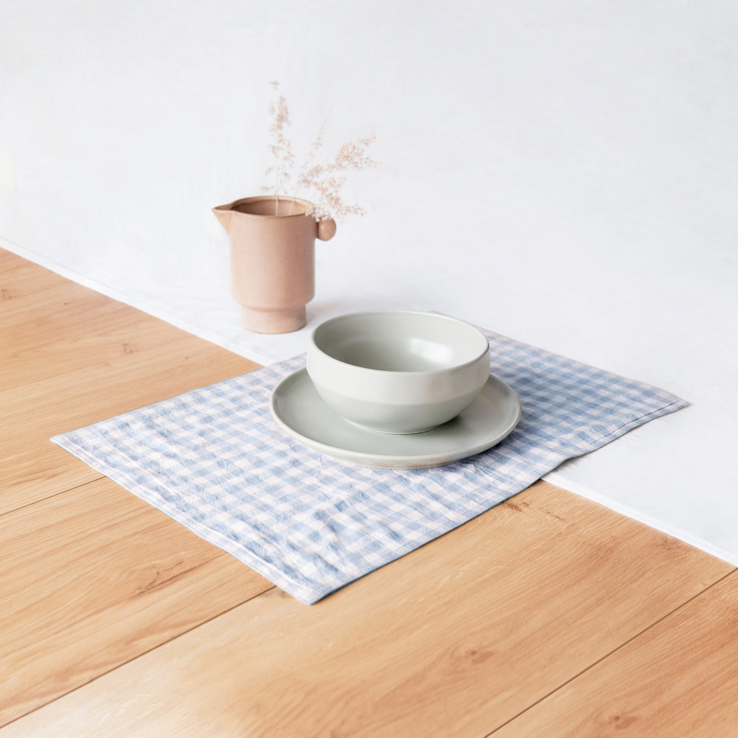 blue clay white rectangle placemats gingham checkered reversible stonewashed cotton