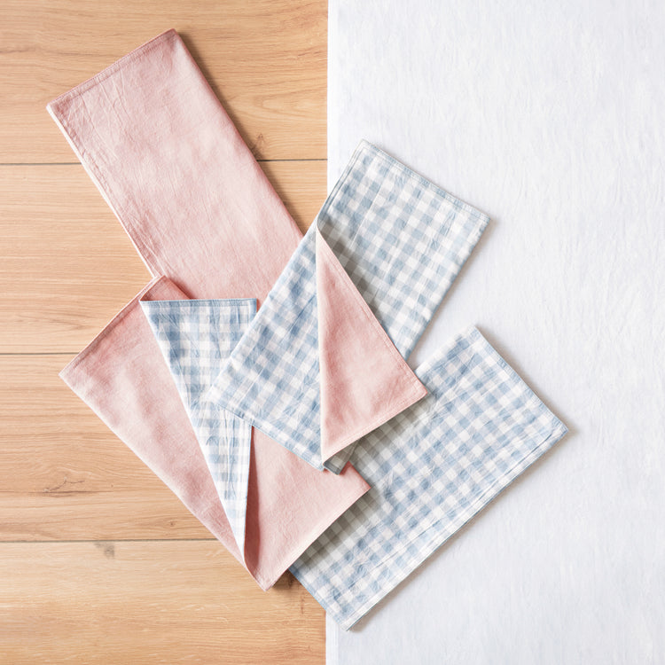 blue clay white rectangle placemats gingham checkered reversible stonewashed cotton