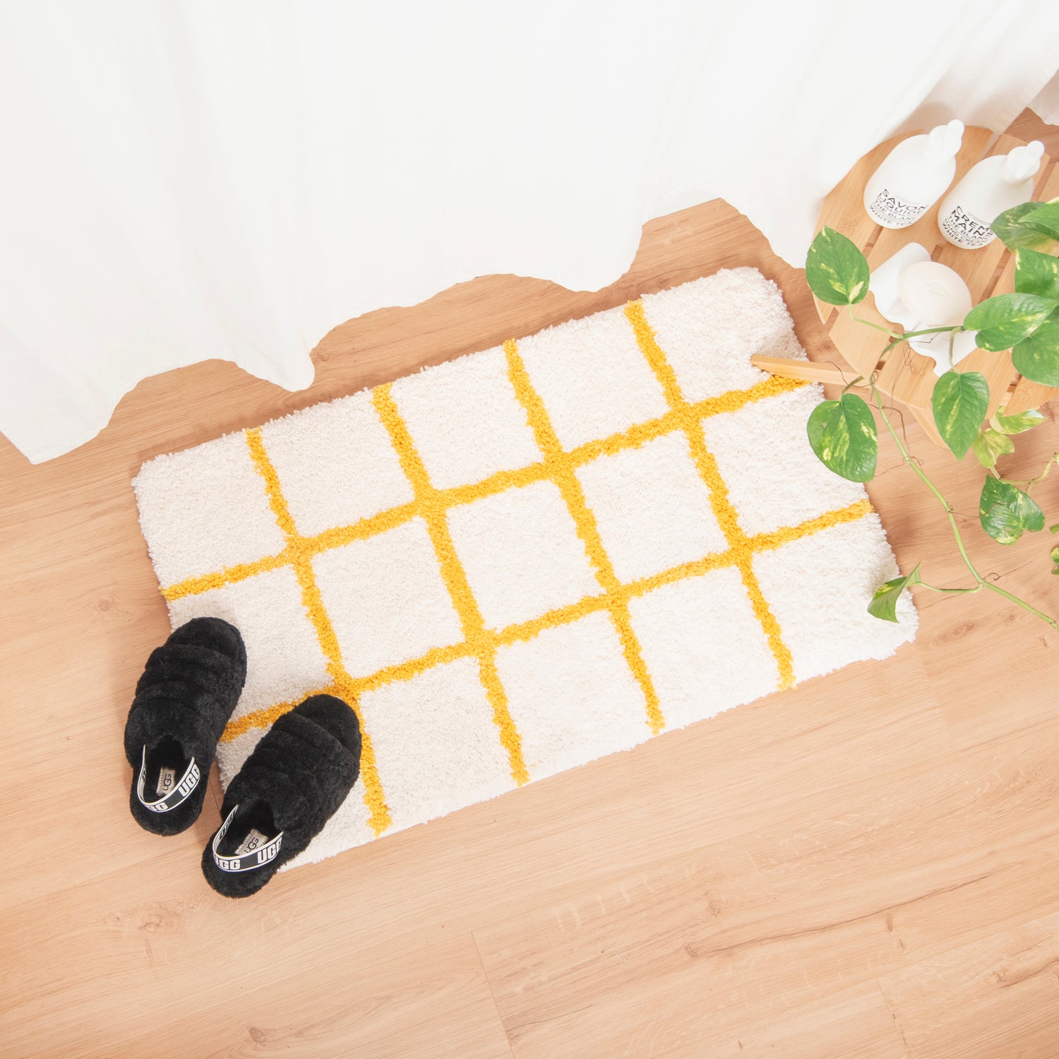 yellow white bathmat rug carpet grid decor fluffy checkered microfiber tufted