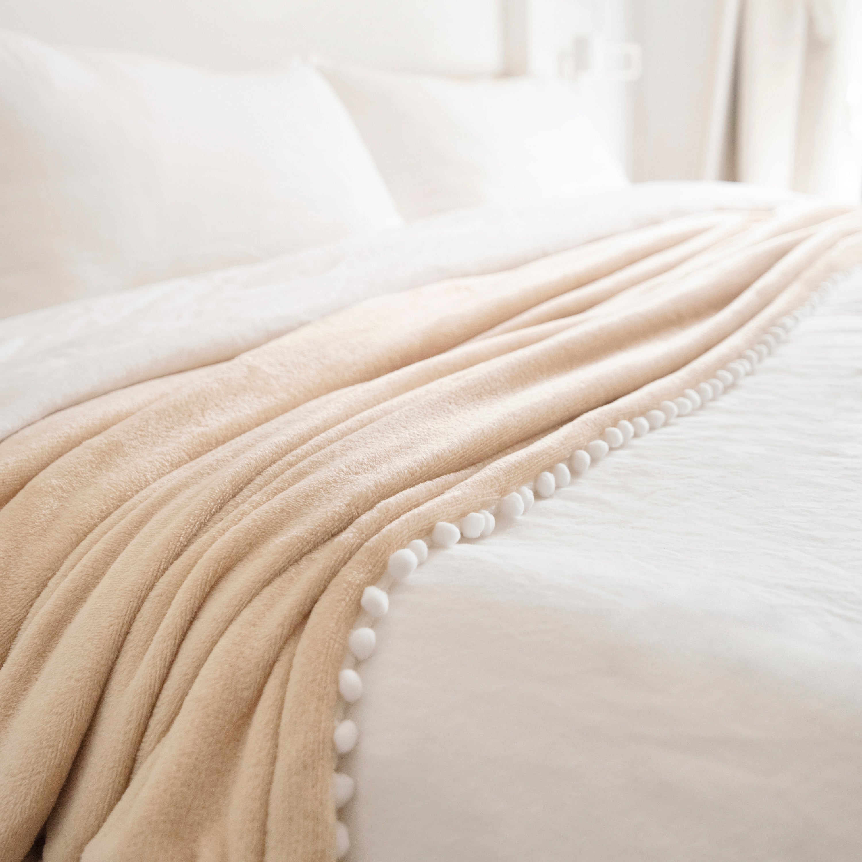 decorative throw blanket pom pom fringe edge reversible design cream light brown