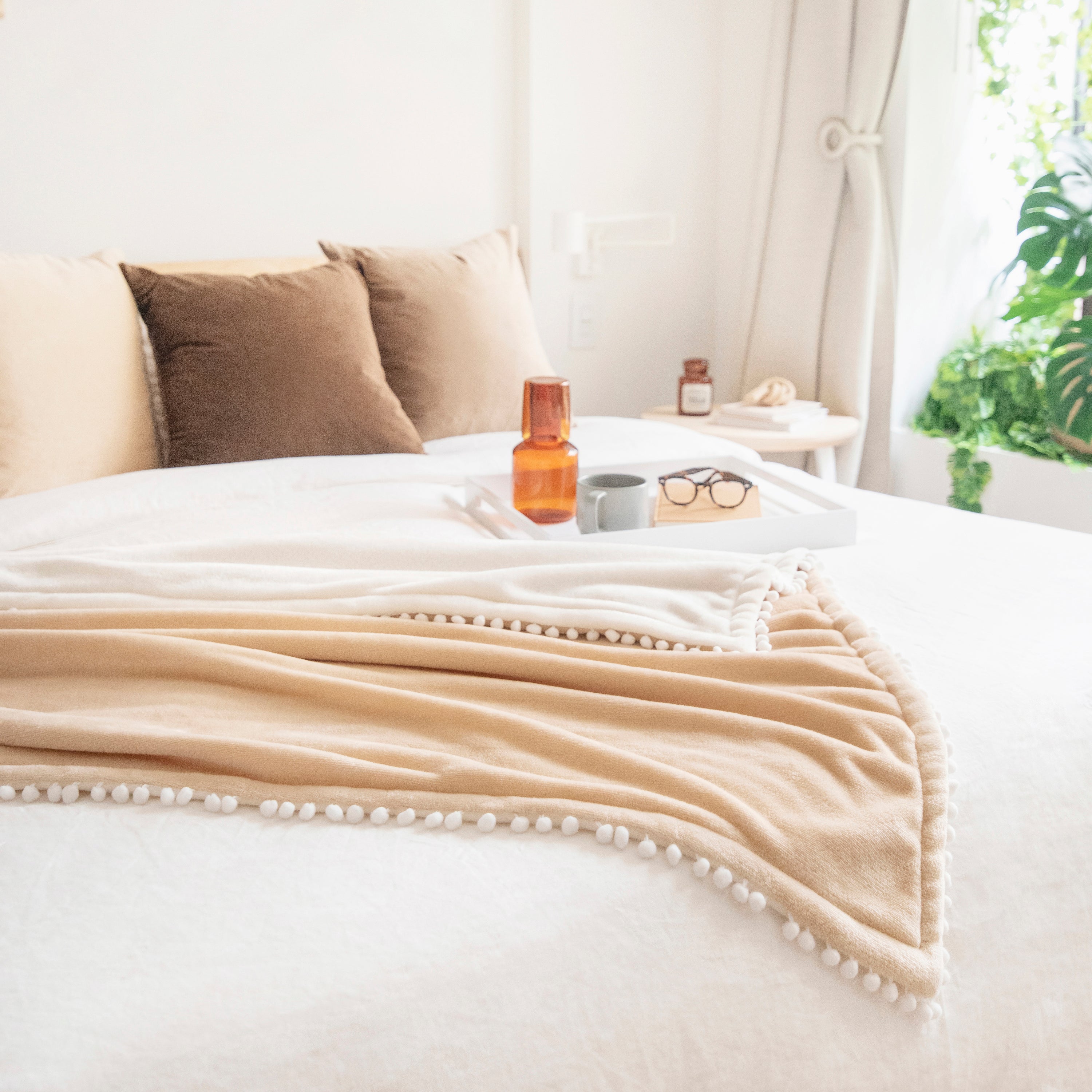 decorative throw blanket pom pom fringe edge reversible design cream light brown
