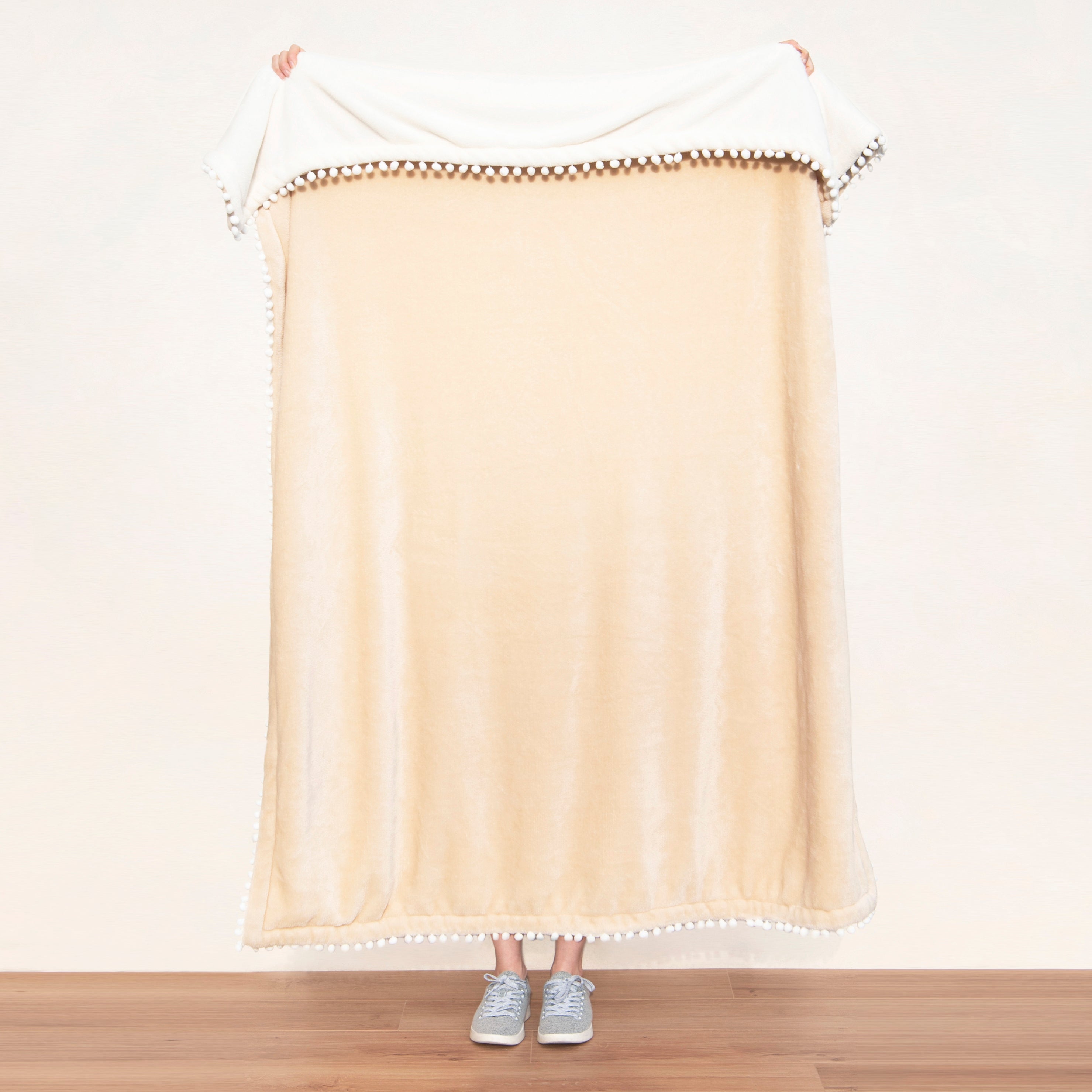 decorative throw blanket pom pom fringe edge reversible design cream light brown