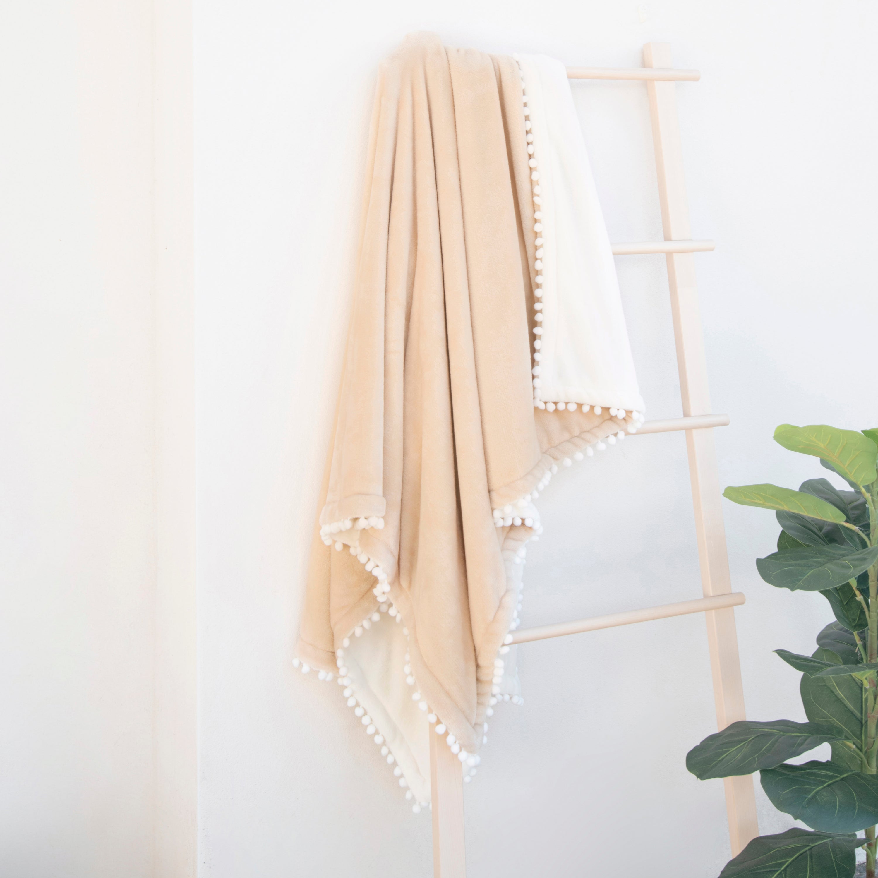decorative throw blanket pom pom fringe edge reversible design cream light brown
